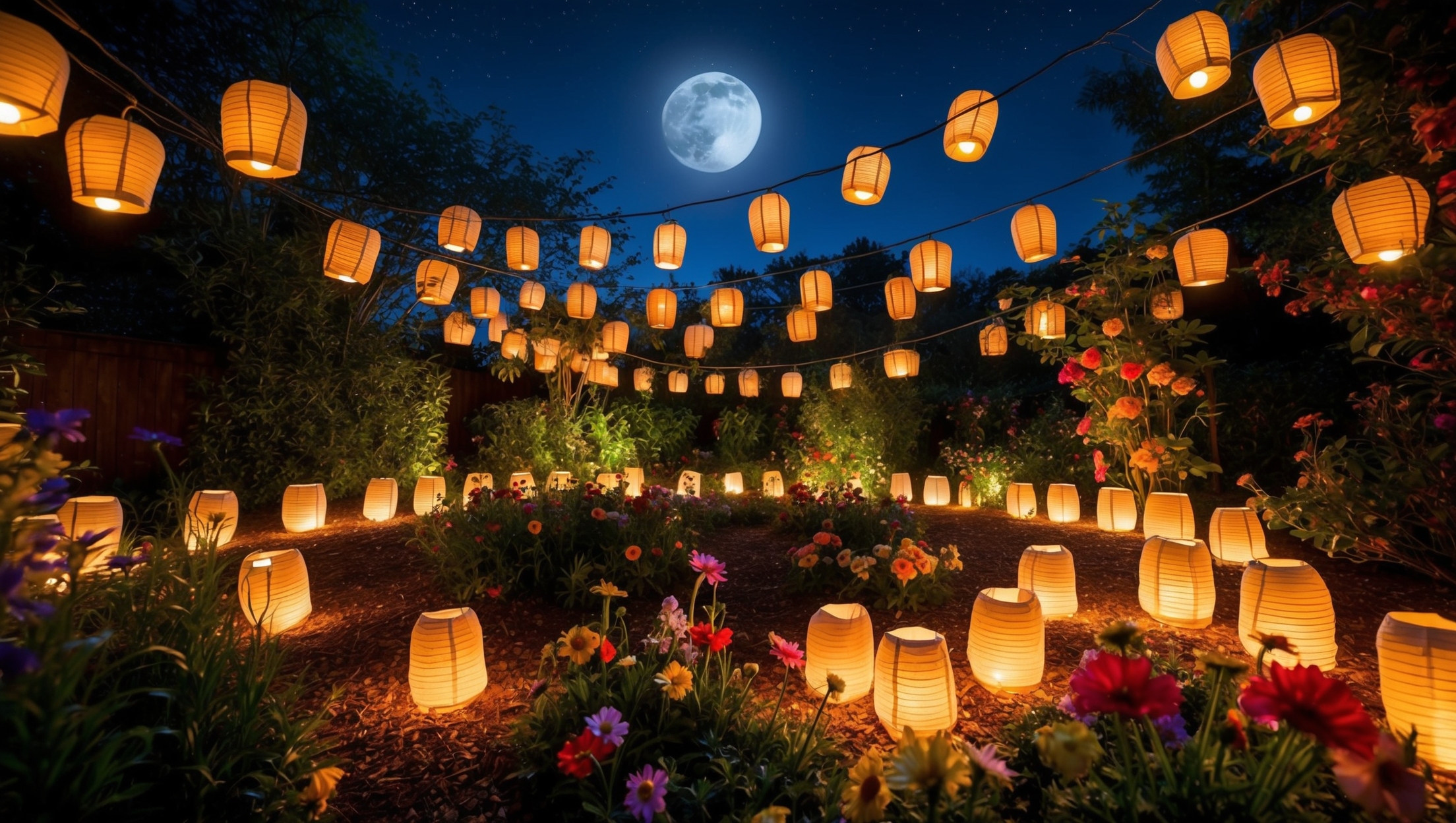 garden lanterns glowing softly at night