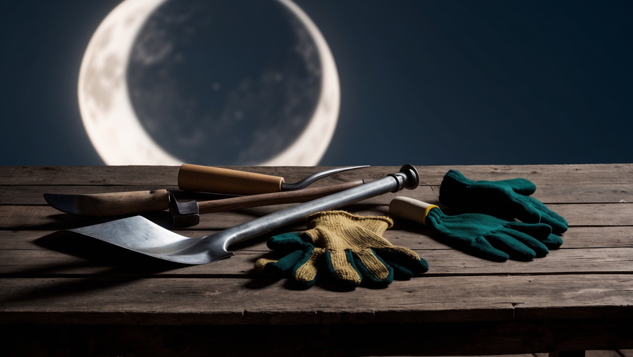 garden tools under moonlight