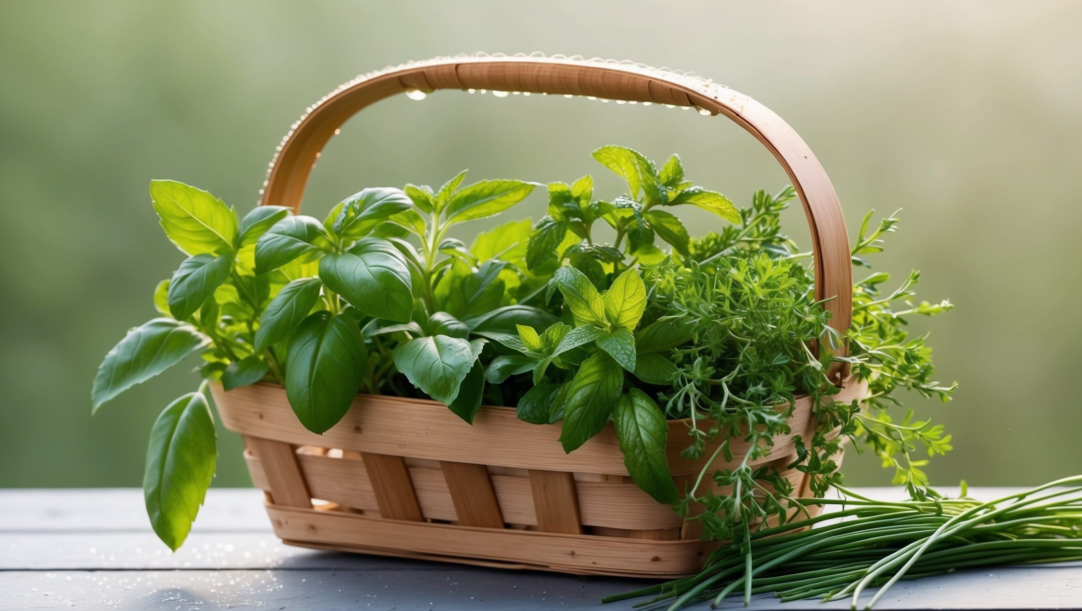 A basket filled with freshly harvested herbs from a garden