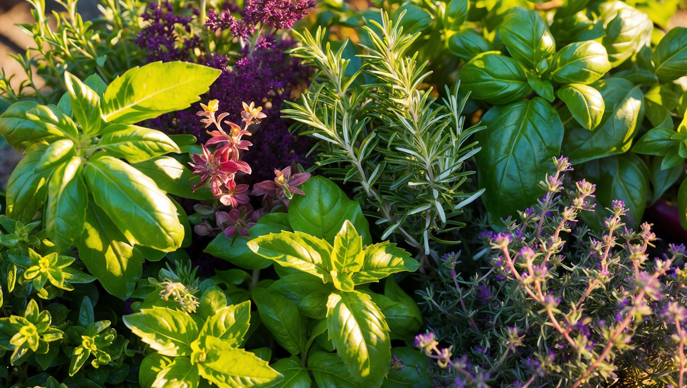 Close-up of aromatic herbs like basil, rosemary, and thyme growing in a sunlit garden