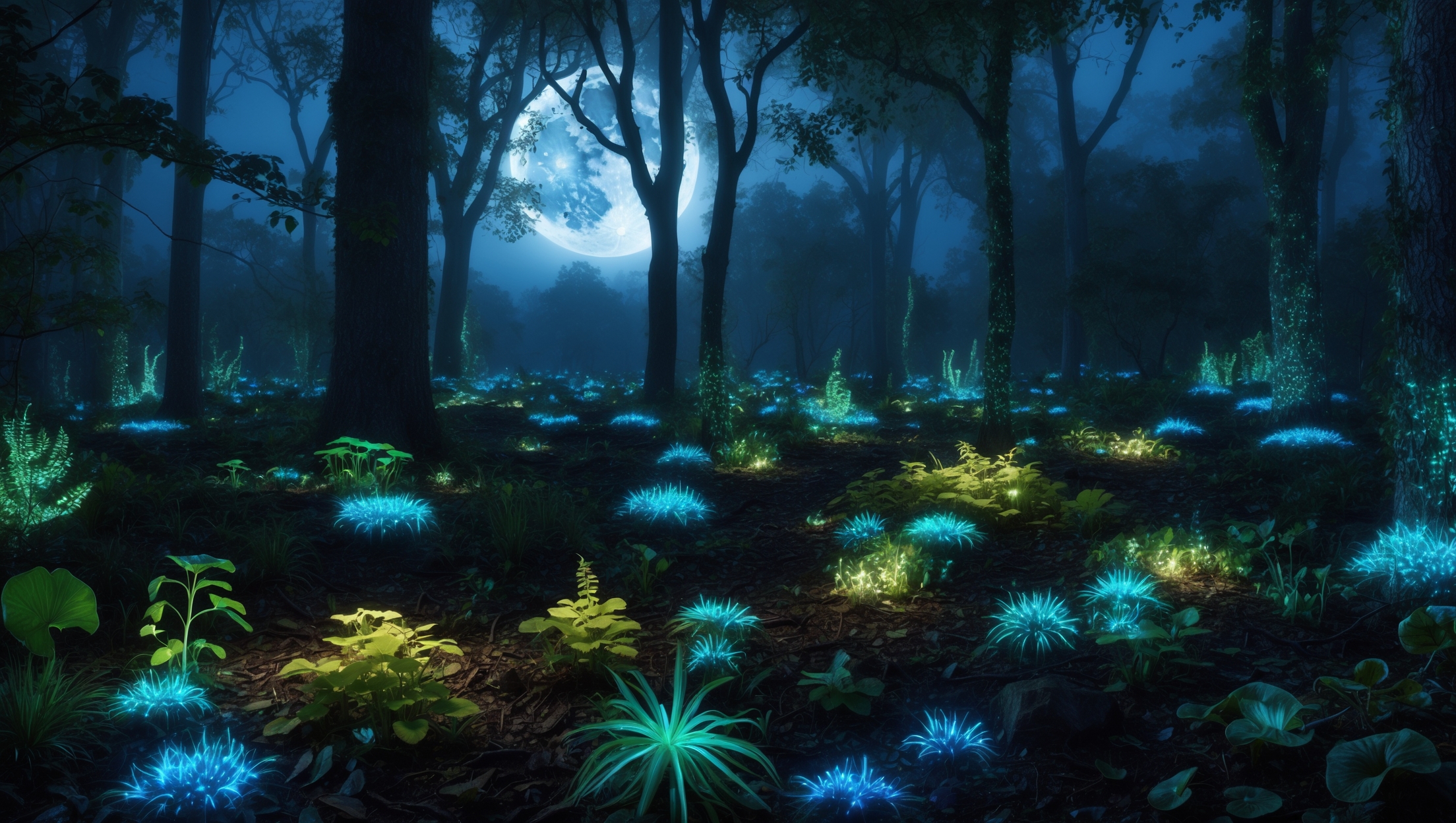 Enchanting bioluminescent forest at night