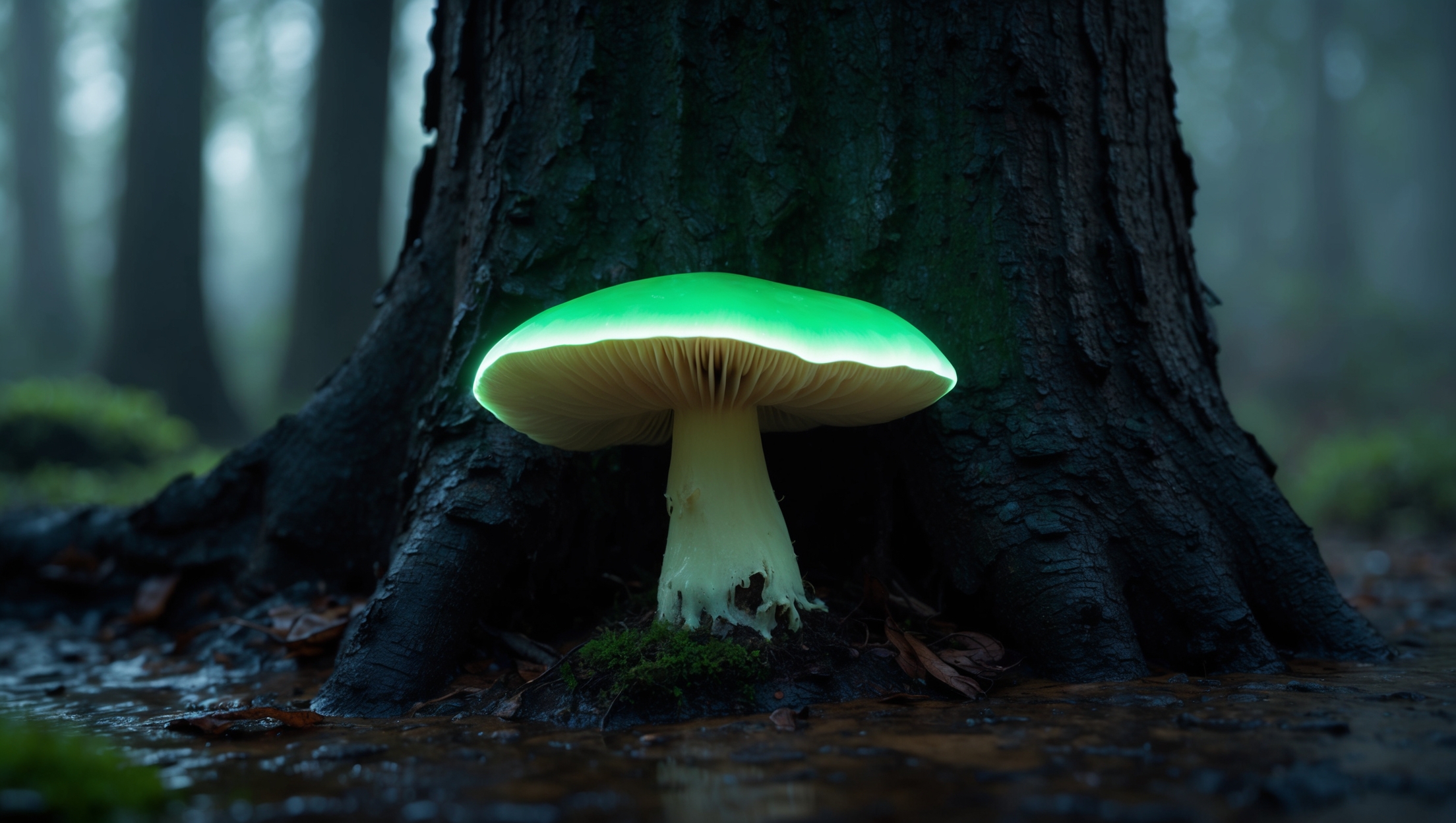 Glowing ghost fungus near a tree
