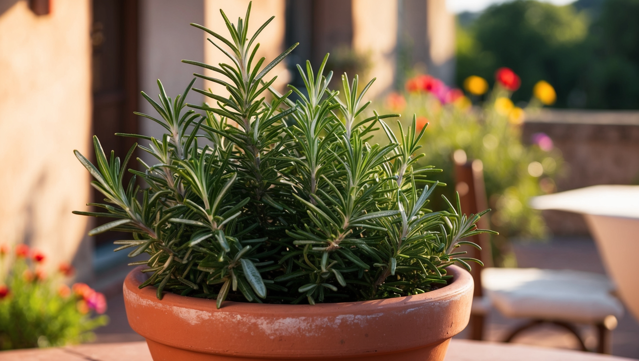 Growing rosemary in a clay pot on an outdoor patio