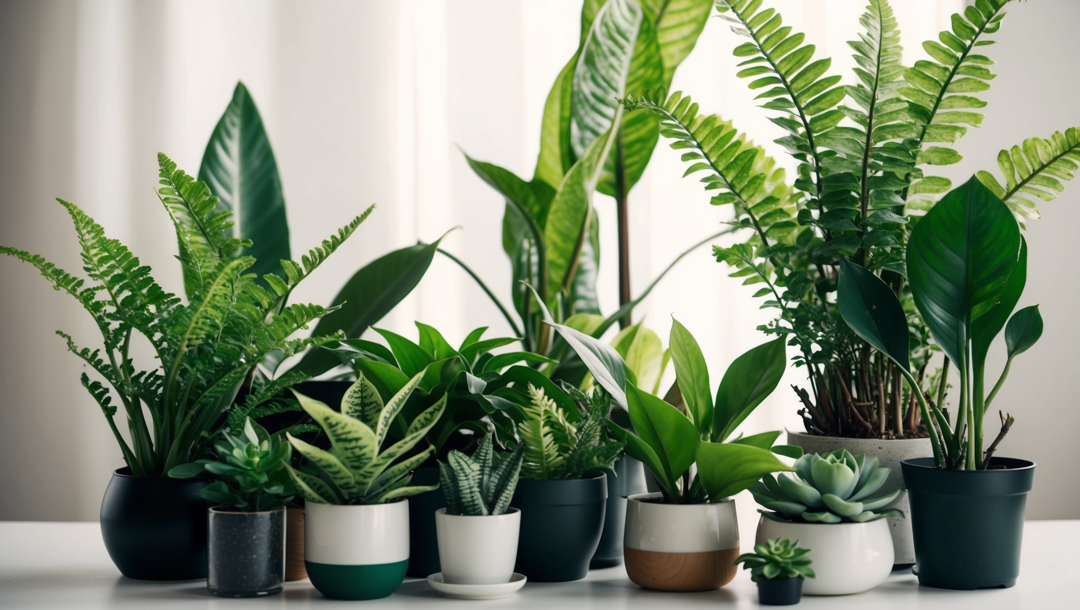 A cluster of vibrant houseplants with a leafy background