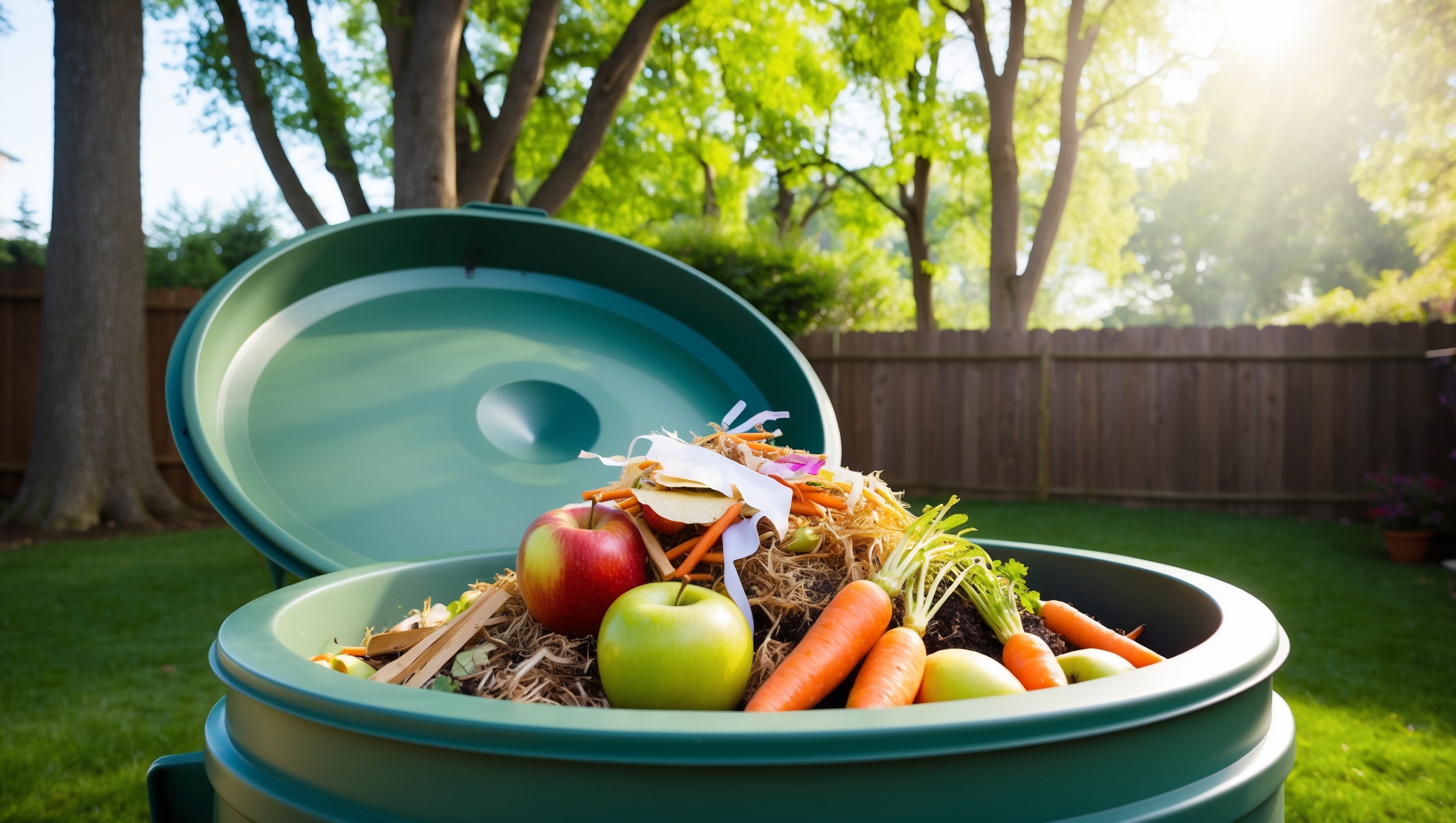 Compost bin filled with organic waste in a backyard