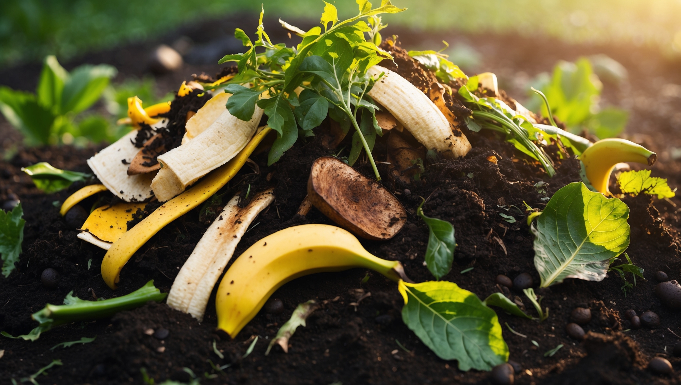 Lush compost pile with garden scraps and soil