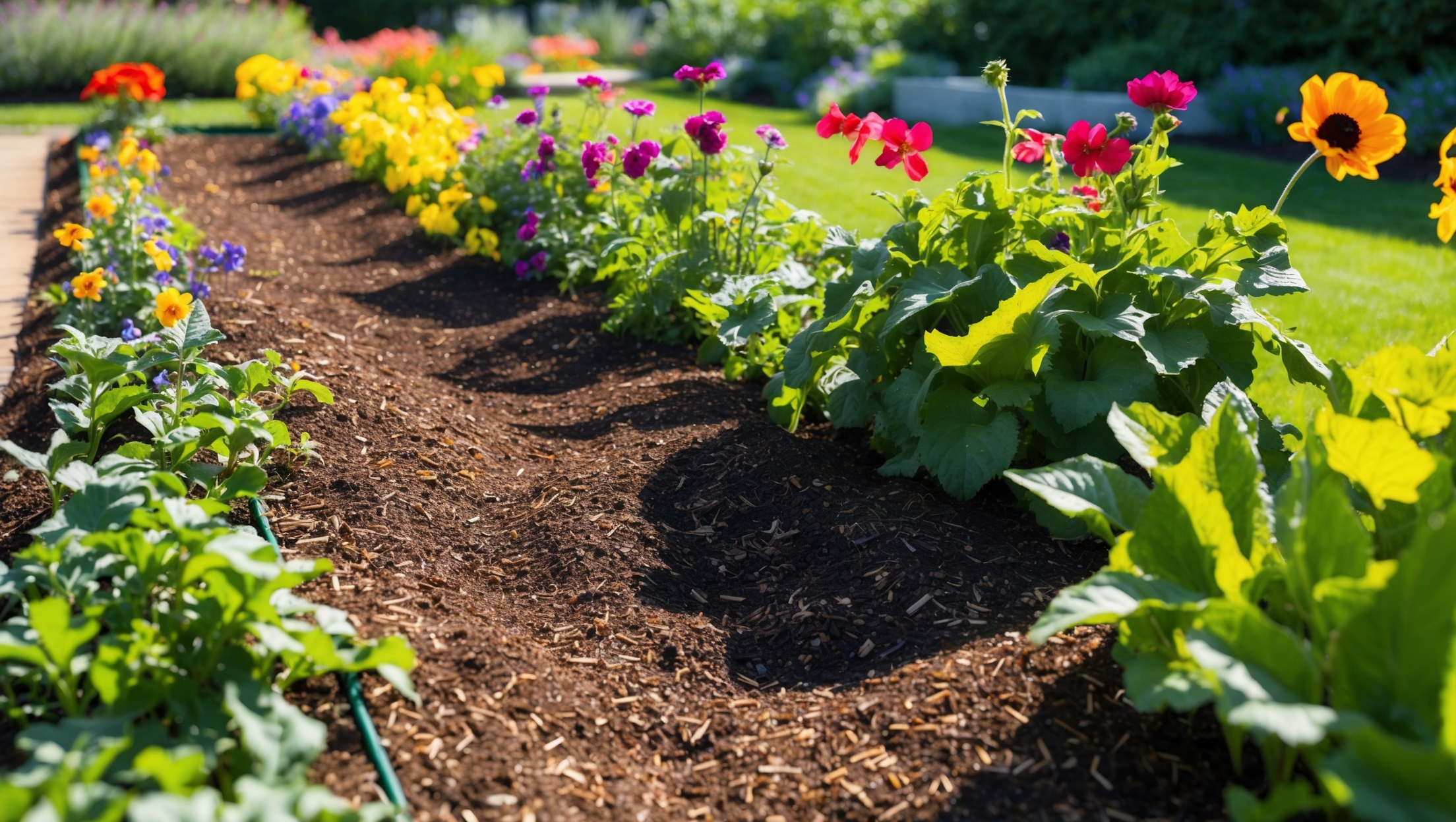 A vibrant garden with various plants showcasing coffee grounds as mulch