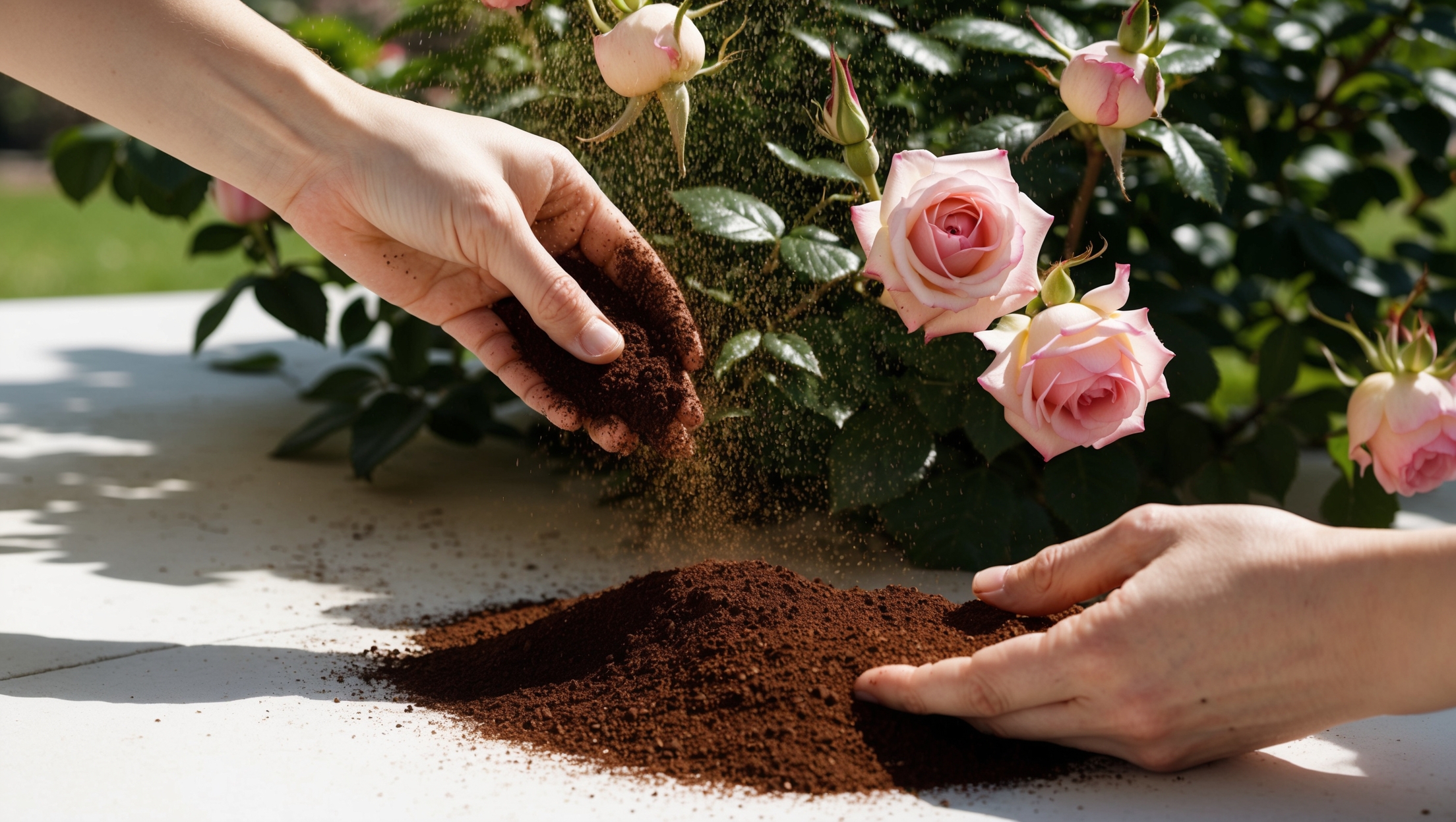 Coffee grounds being sprinkled over soil beside a blooming rose bush