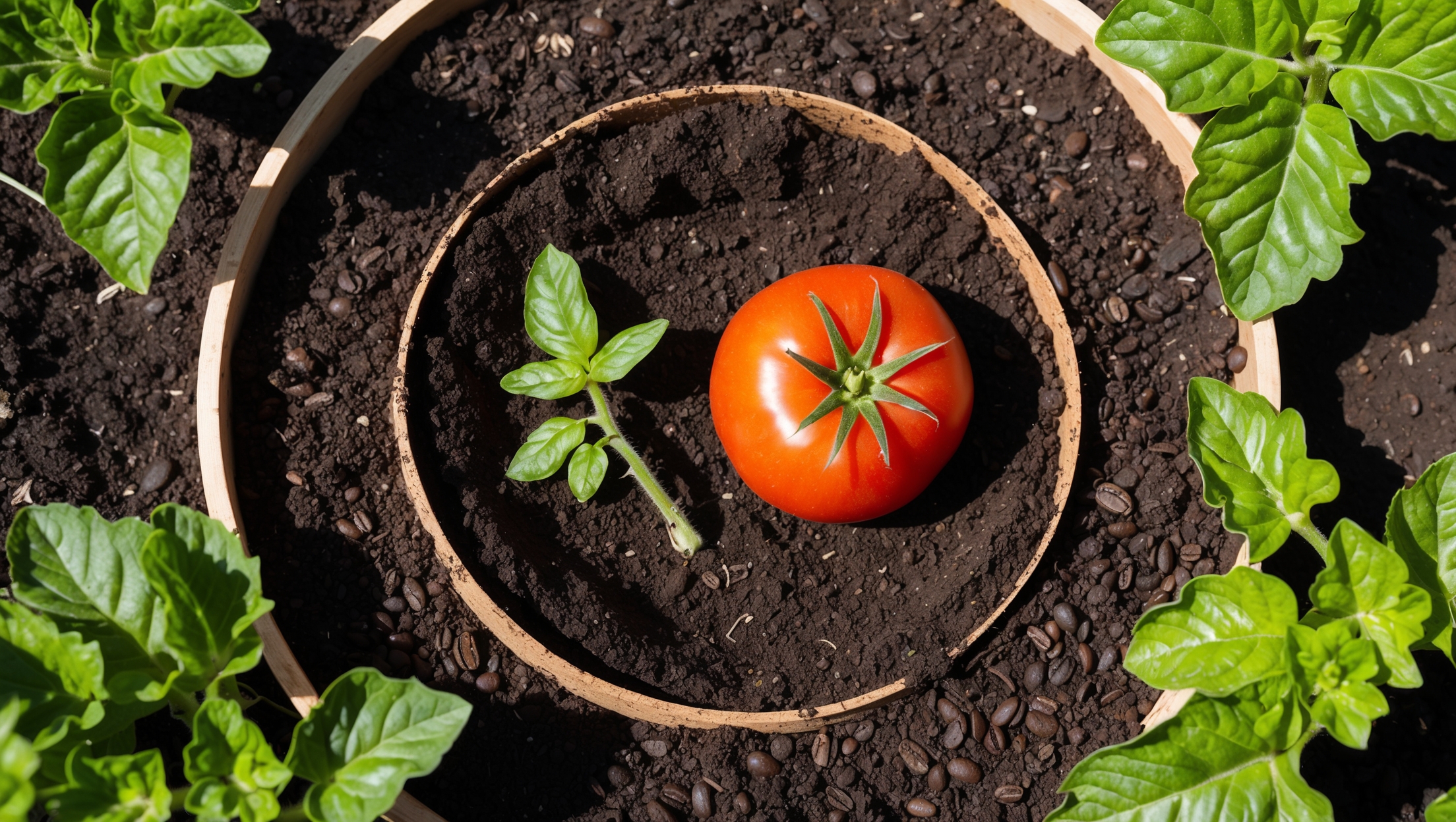 Coffee grounds forming a protective circle around a tomato seedling