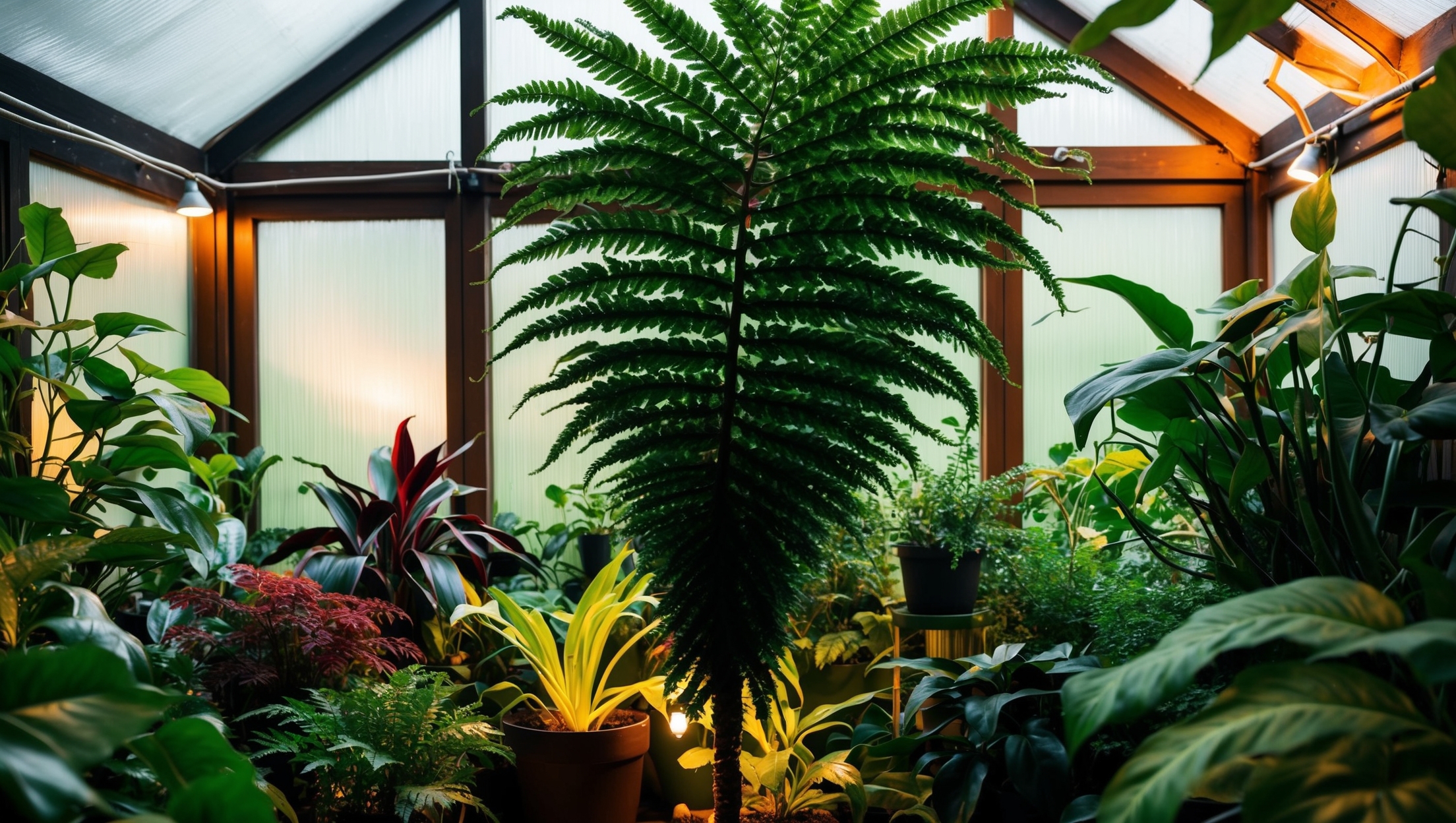Dramatic fern thriving in a lush indoor garden setup