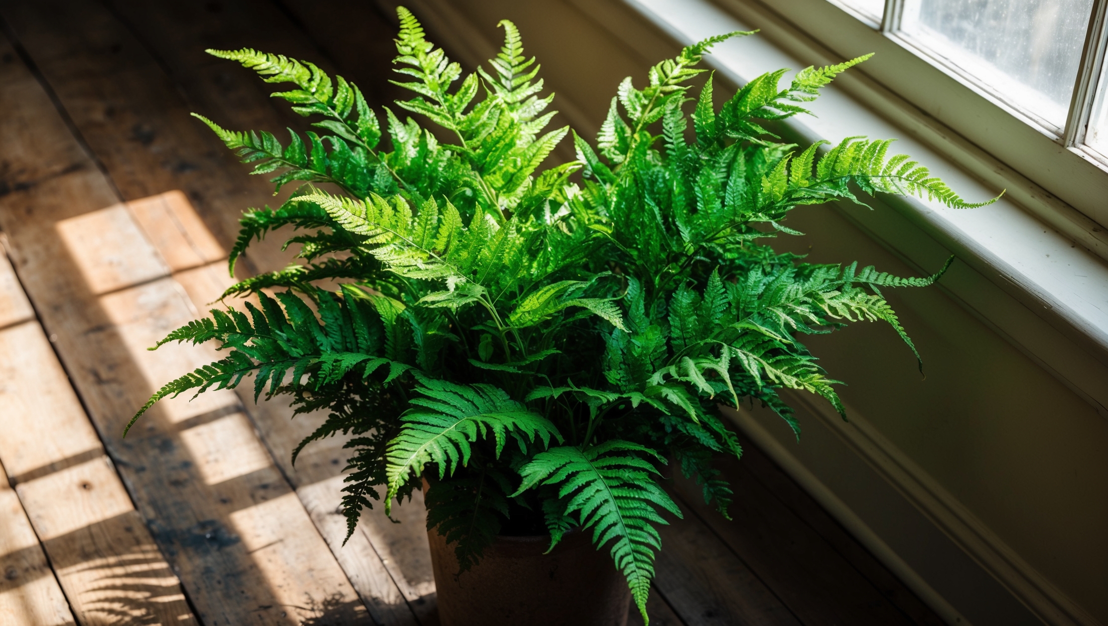 Fern displaying vibrant green leaves in a cozy room corner