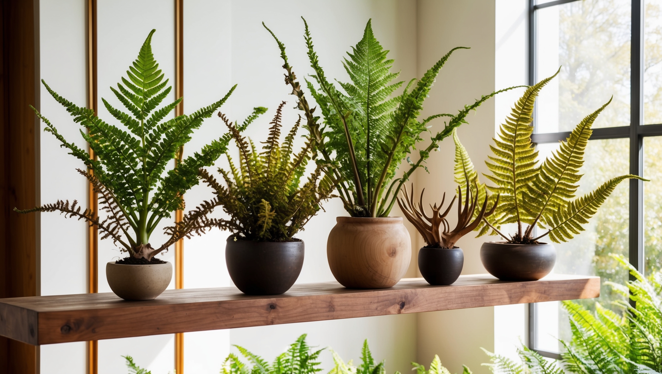 Grouping of ferns in an airy, sunlit room