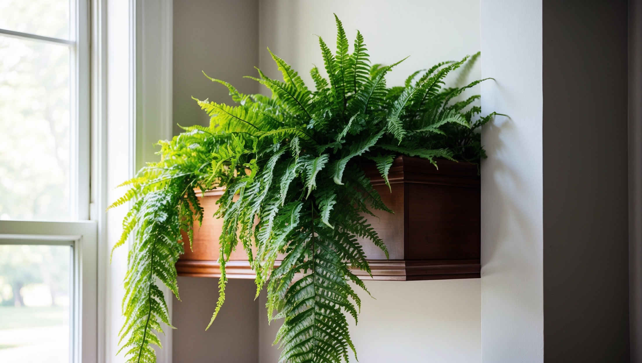Boston fern on a wooden shelf