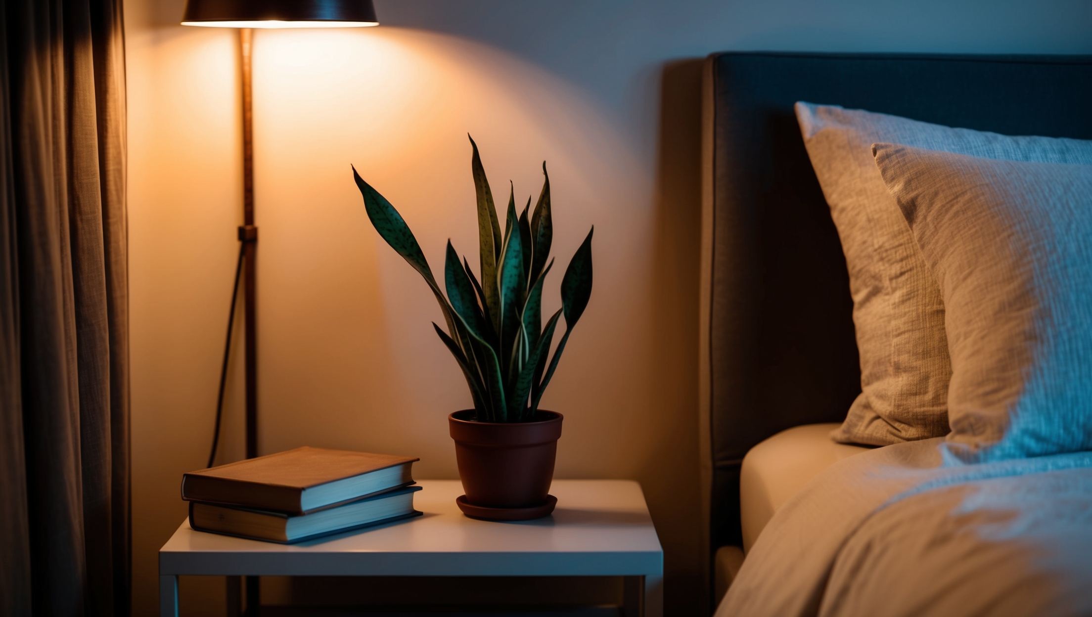 Snake plant on bedside table