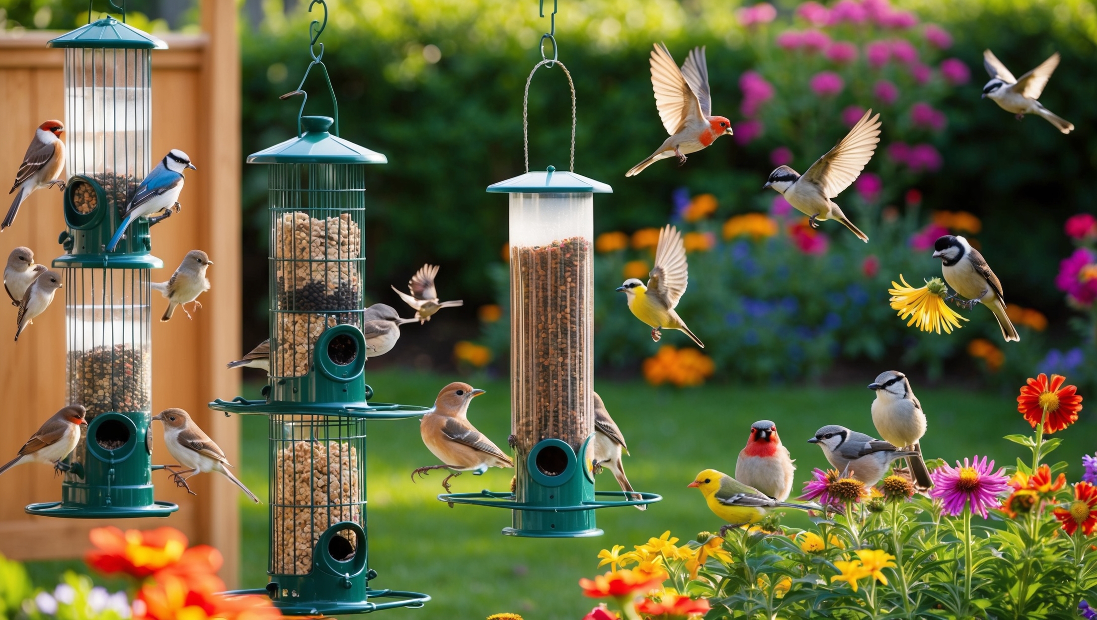 Backyard bird feeder setup amidst a blooming garden