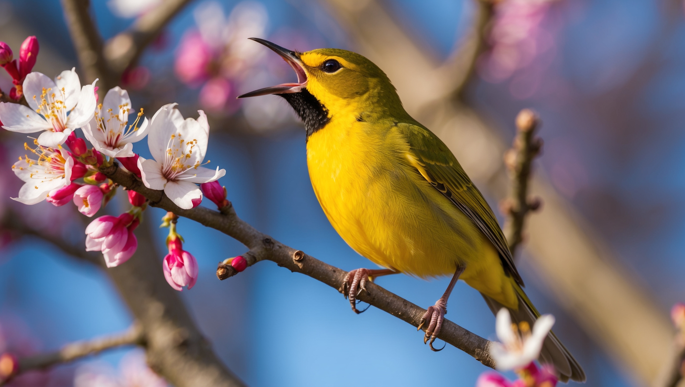Colorful songbird perched on a branch, singing