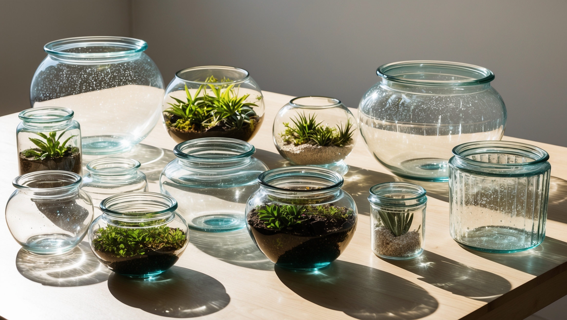 A diverse selection of glass containers for terrariums