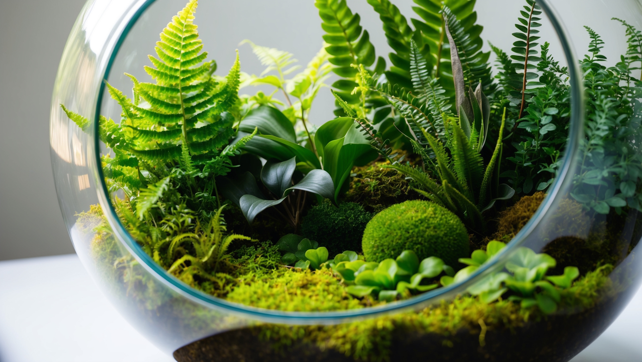 A miniature jungle landscape within a glass container