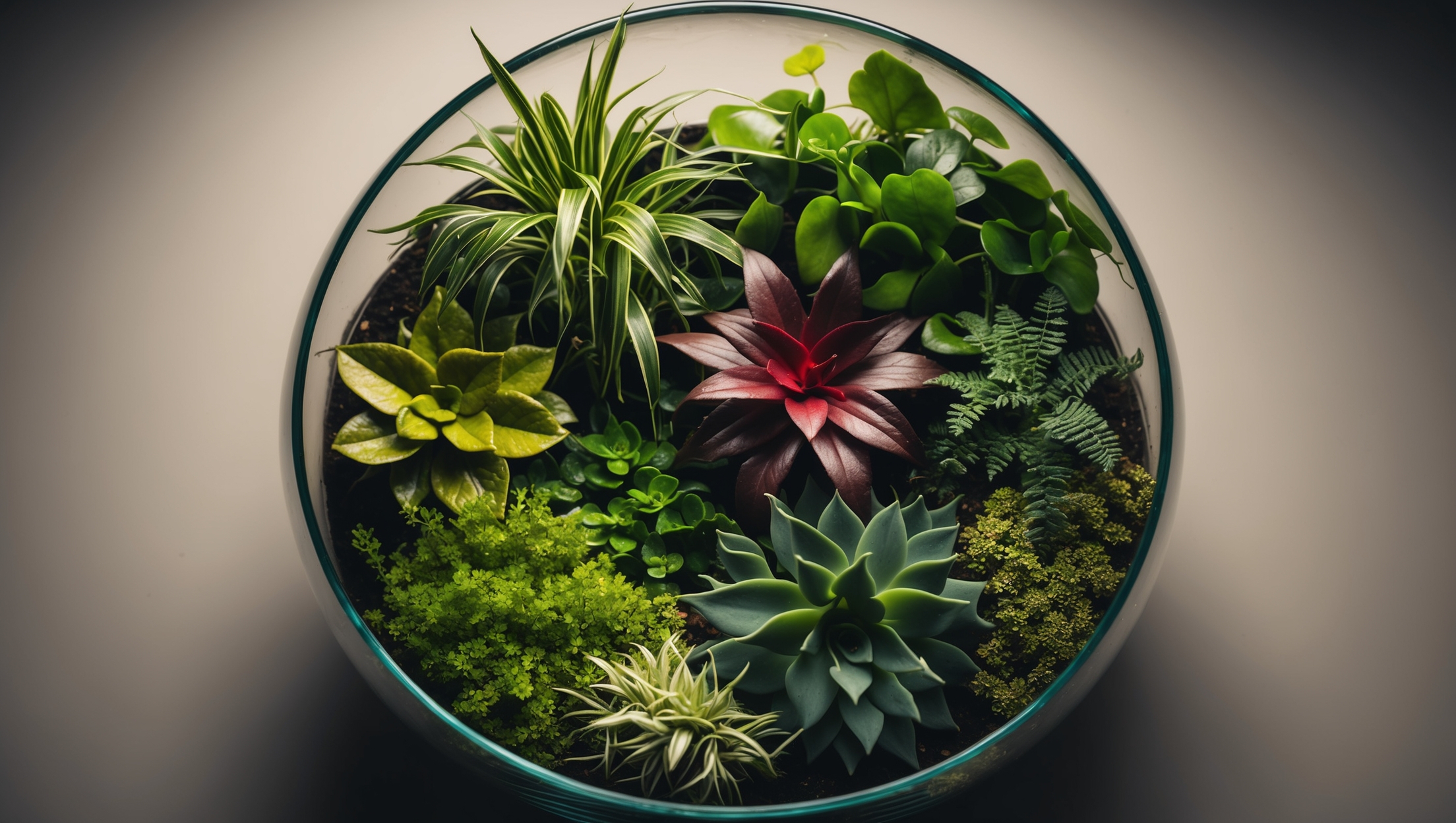 Carefully arranged plants inside a terrarium looking lush and vibrant