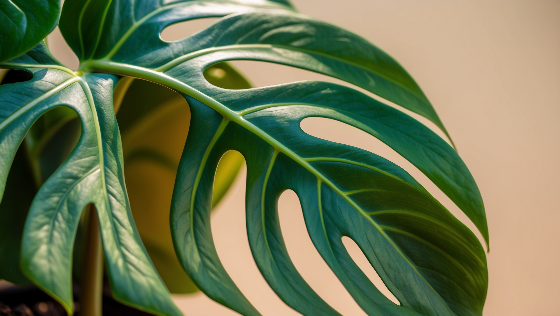 Close-up of a Monstera leaf with its splits