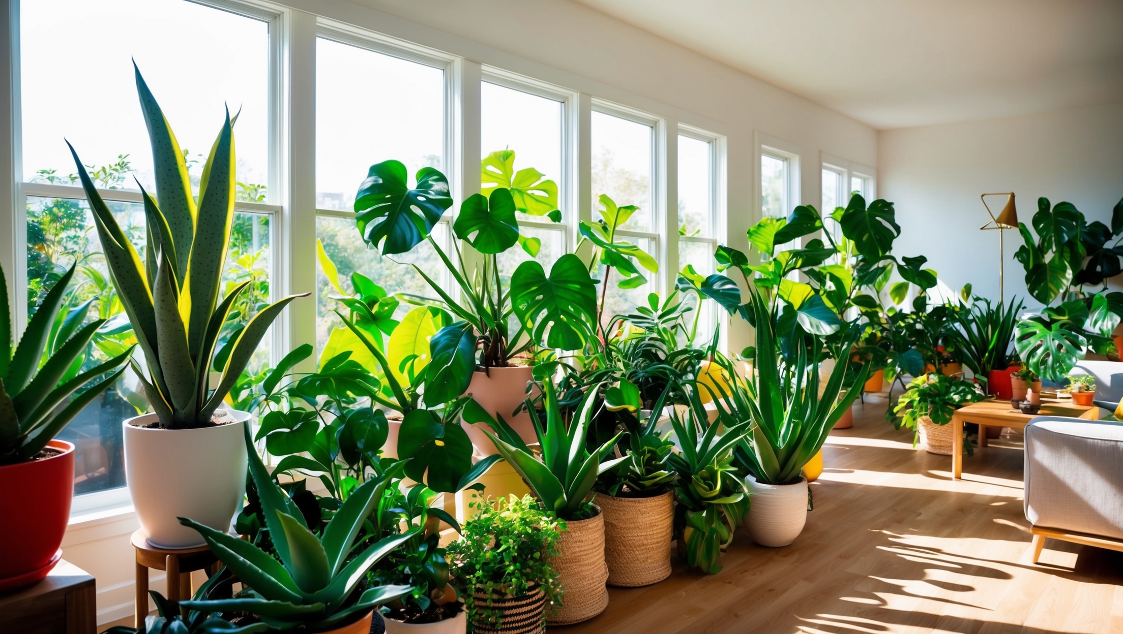 Sun-drenched south-facing room with vibrant houseplants