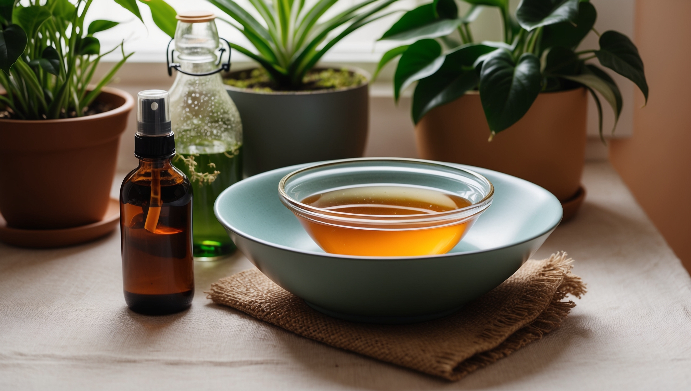 A bowl filled with apple cider vinegar solution next to houseplants