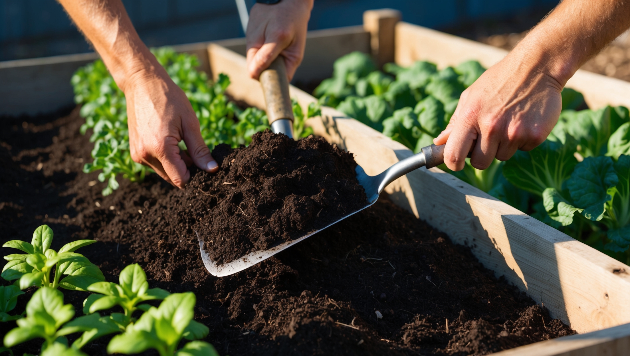 a close-up of rich, dark compost being spread into a garden bed with a small trowel