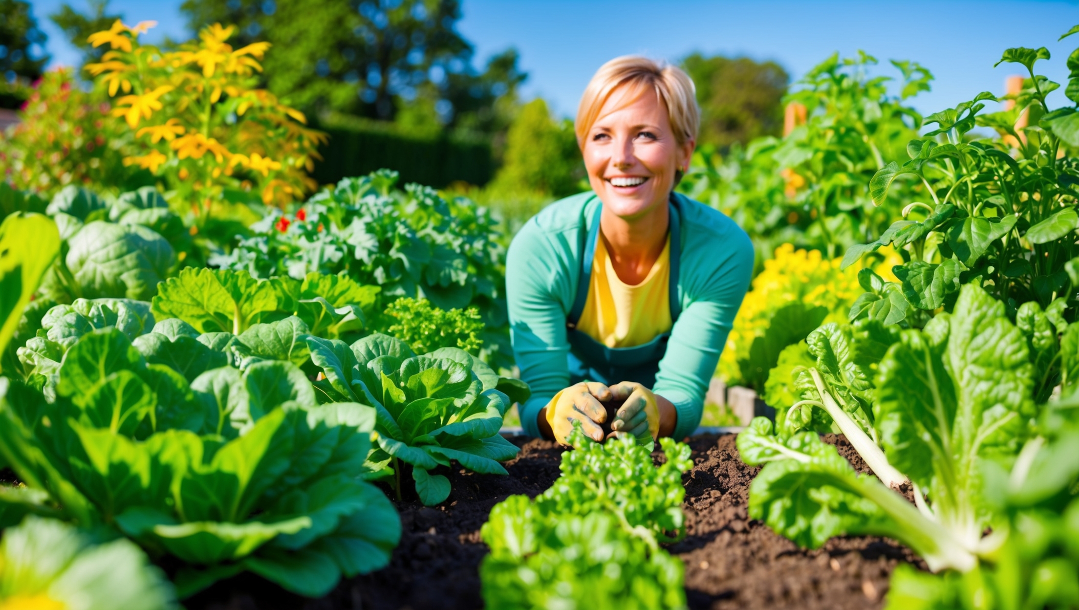 a content gardener admiring their thriving vegetable garden