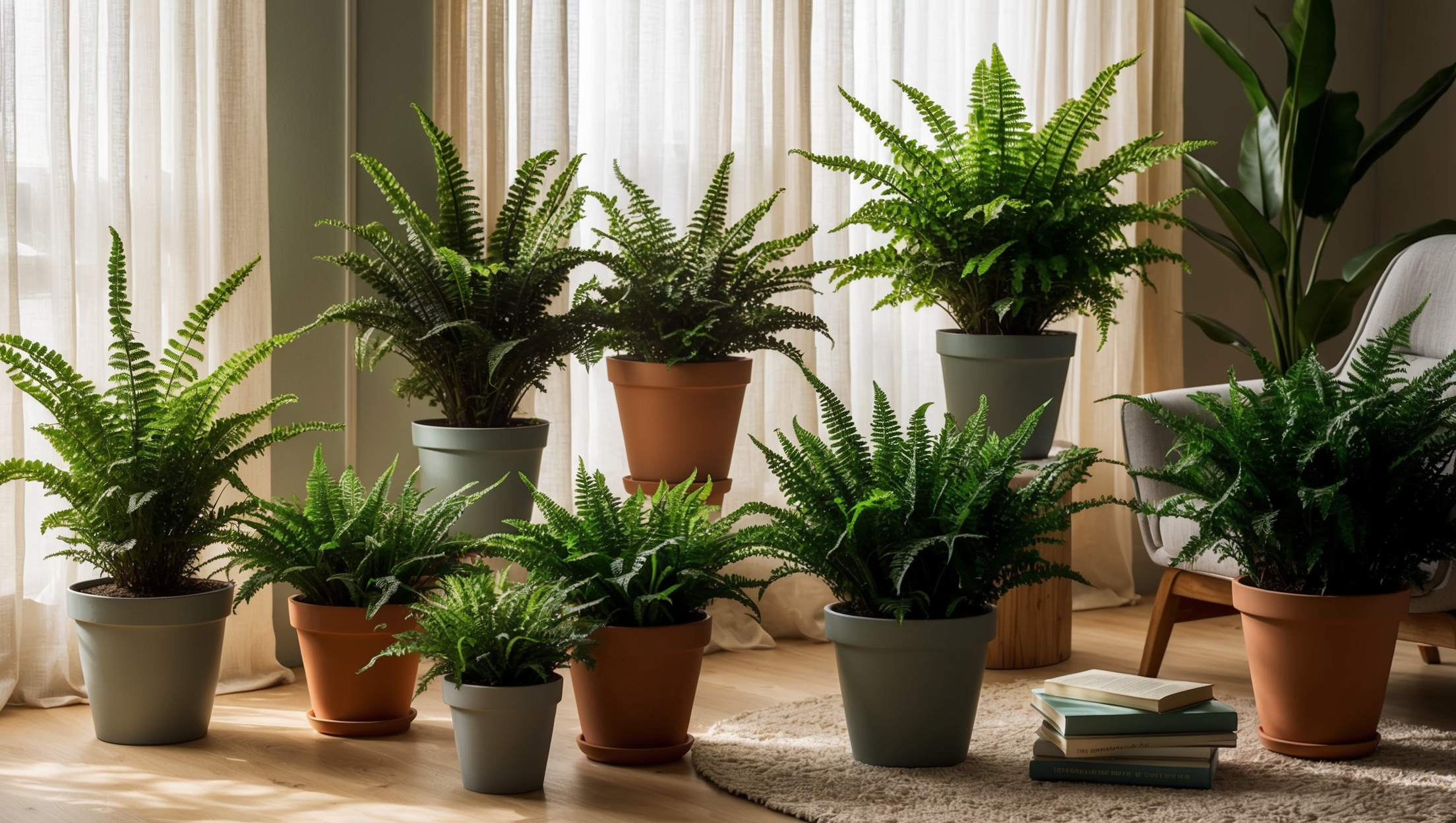 A cozy room with various ferns in pots