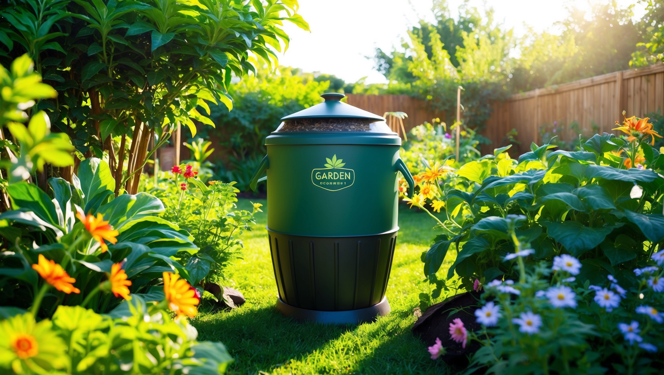 A garden composter amid blooming plants