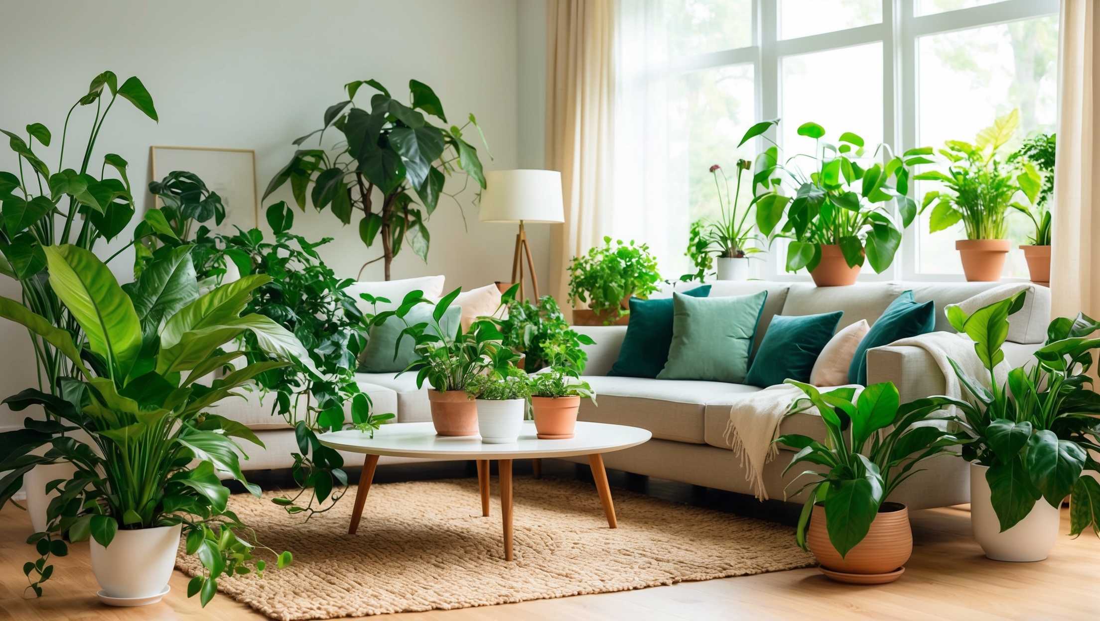 A serene living room filled with healthy, gnat-free houseplants
