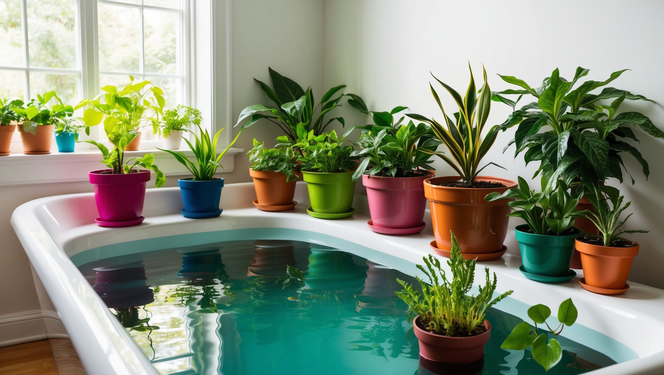 A variety of houseplants soaking in shallow water in a bathtub