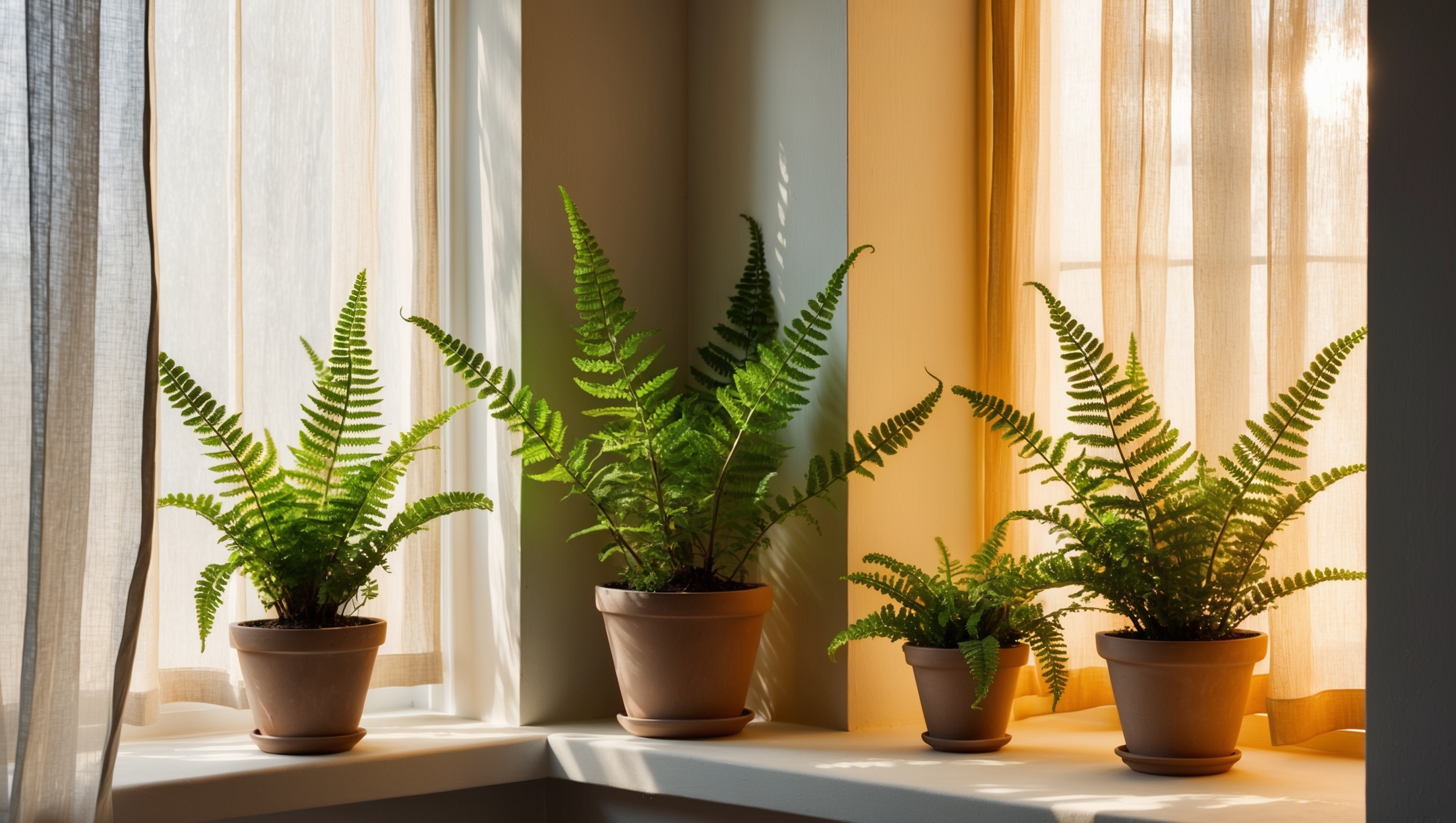 Ferns thriving on a windowsill with indirect light