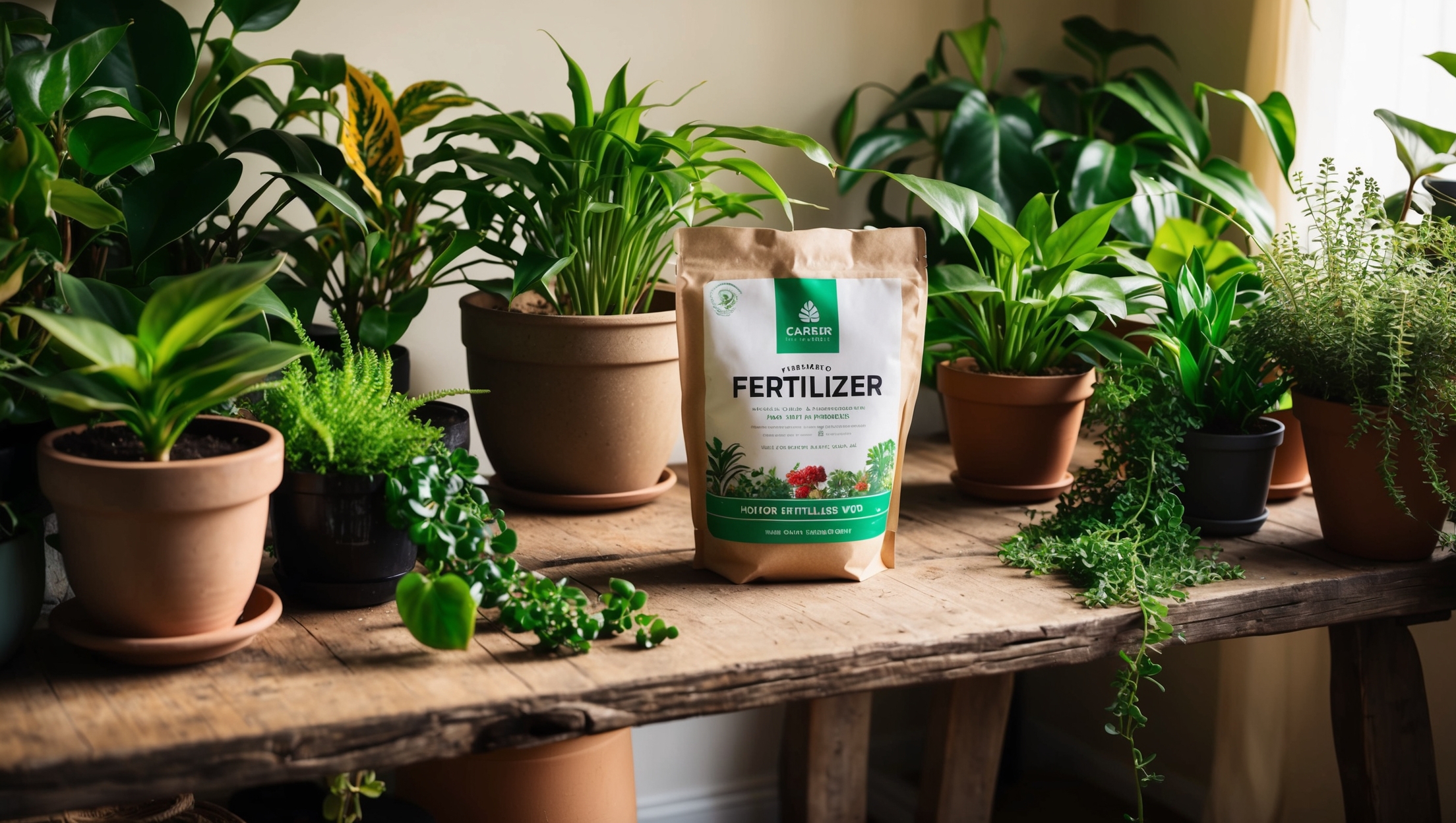 A cozy indoor space with a variety of houseplants and a bag of fertilizer on a wooden table