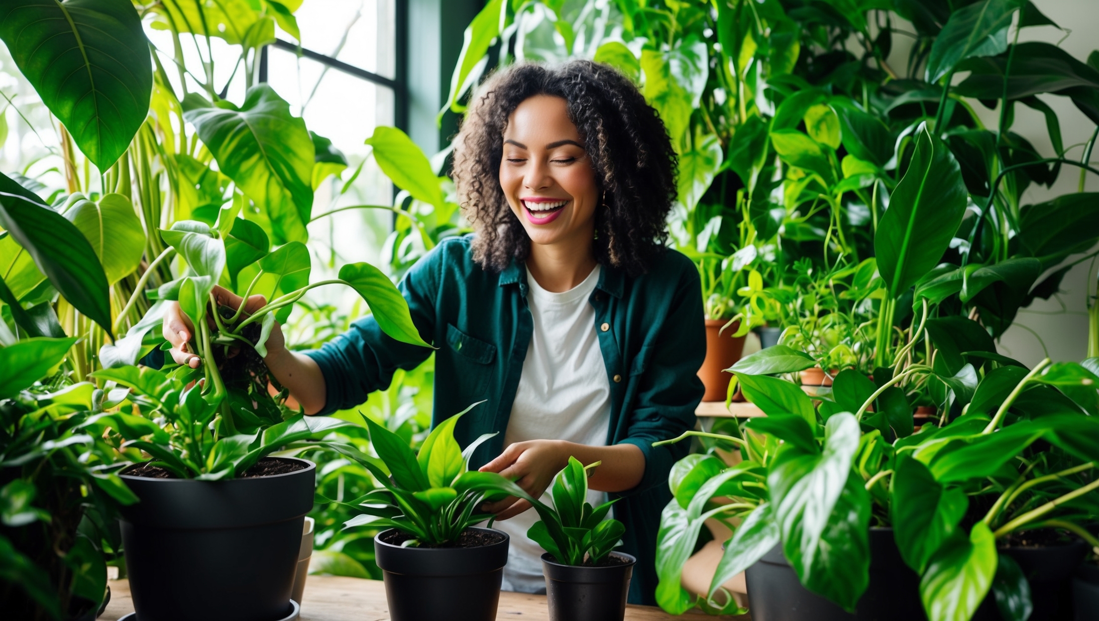 A thriving indoor jungle with a happy plant parent tending to the plants