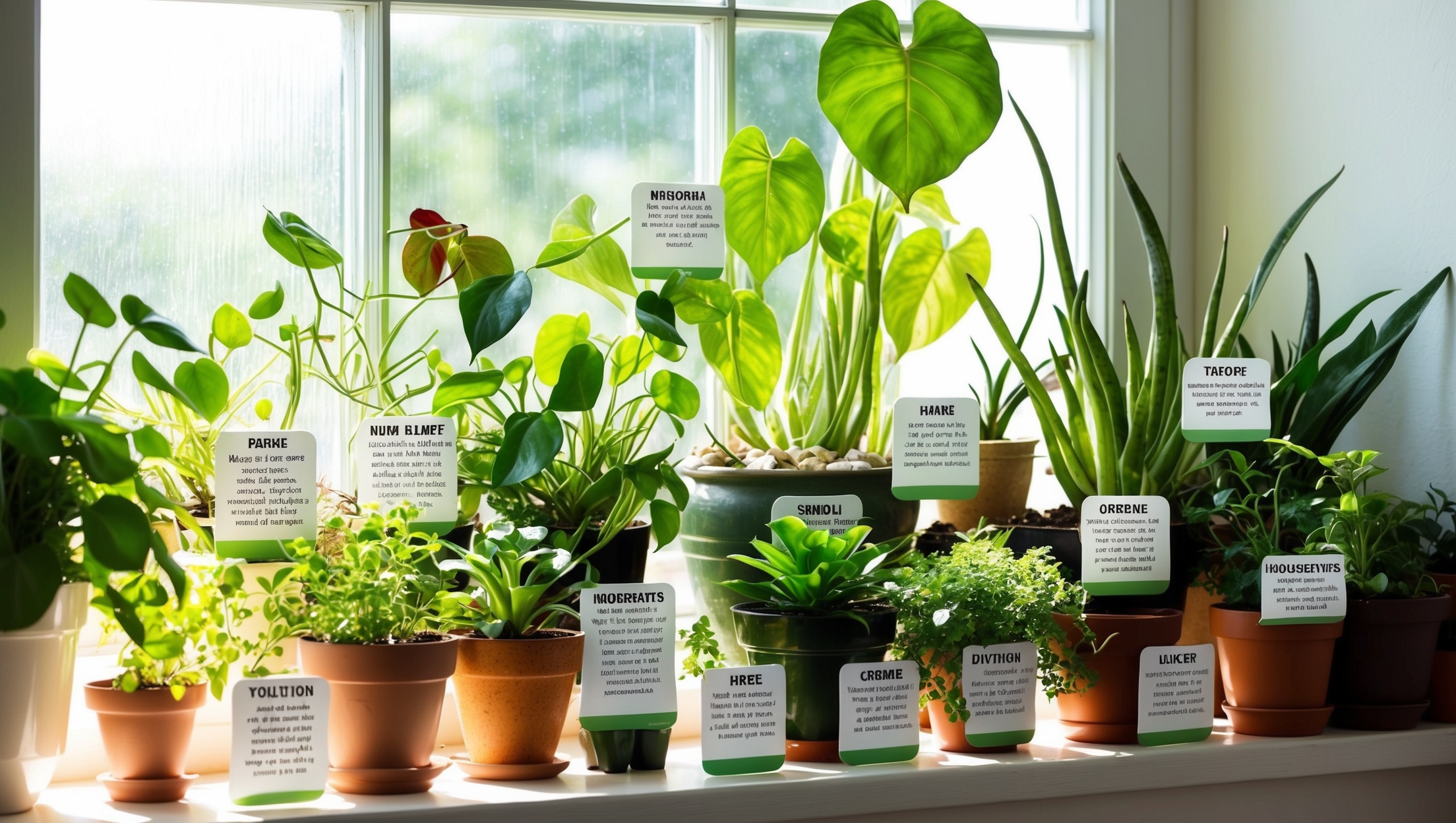 A variety of houseplants on a windowsill, each labeled with its name and care needs