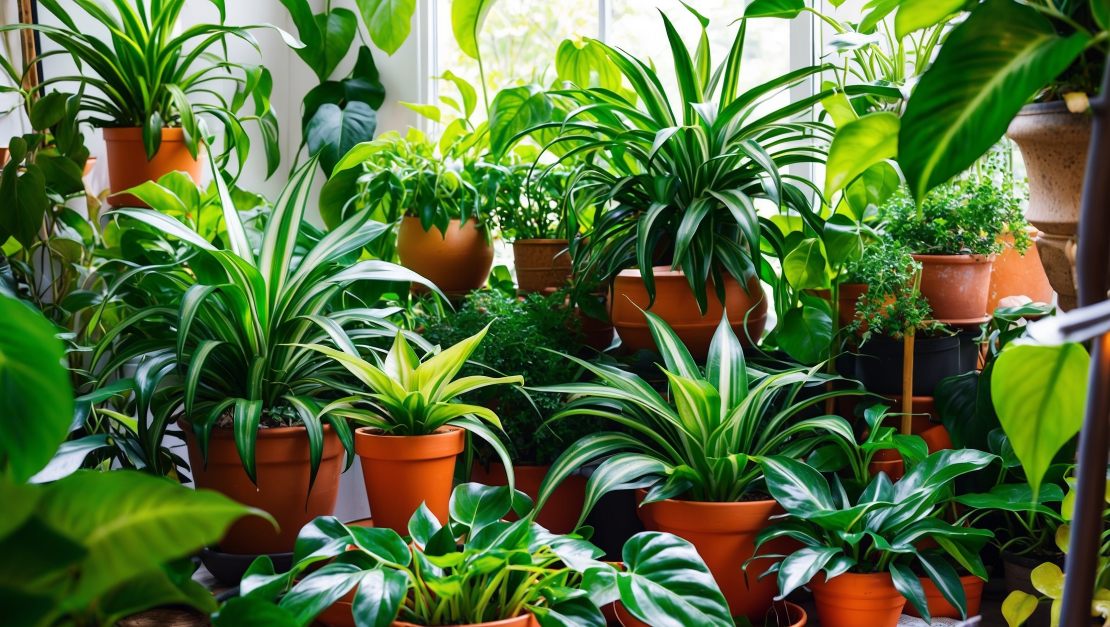 A vibrant indoor garden with multiple spider plants thriving together