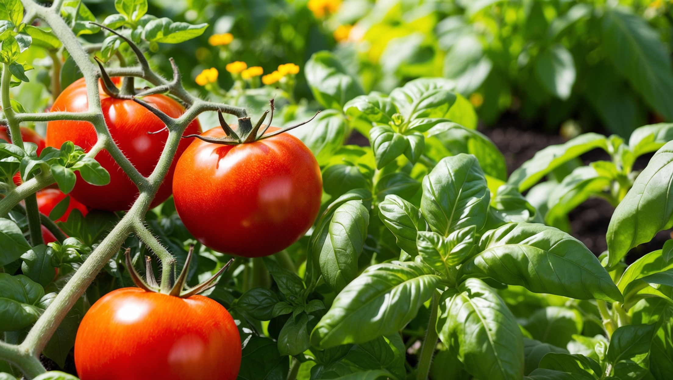 An illustration of a thriving vegetable garden with various companion plants like basil and tomatoes