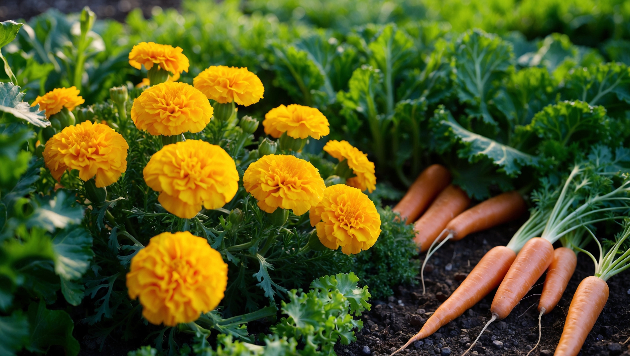 Bright marigolds in a vegetable garden