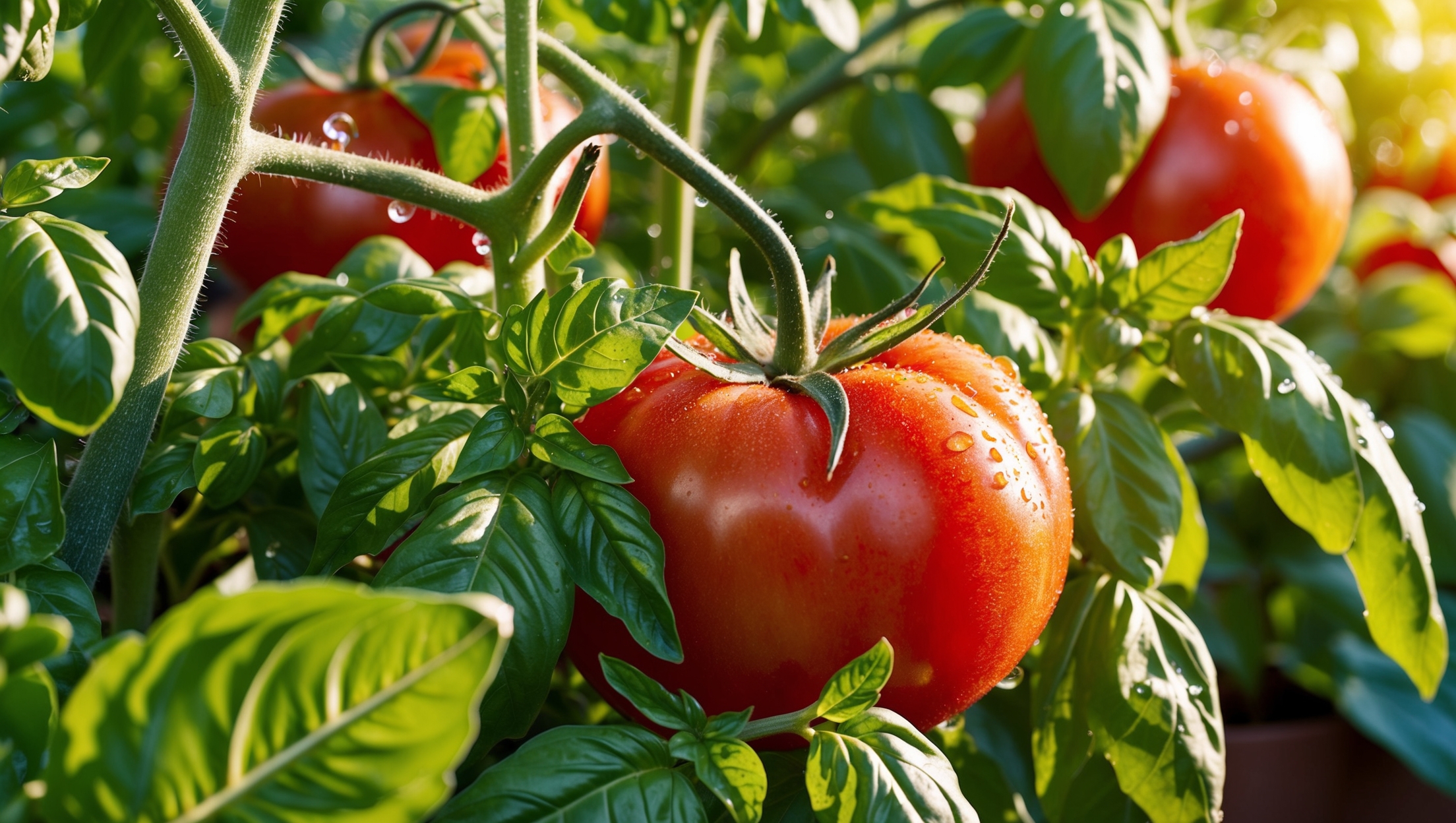 Close-up of tomato plants with basil in a garden setting