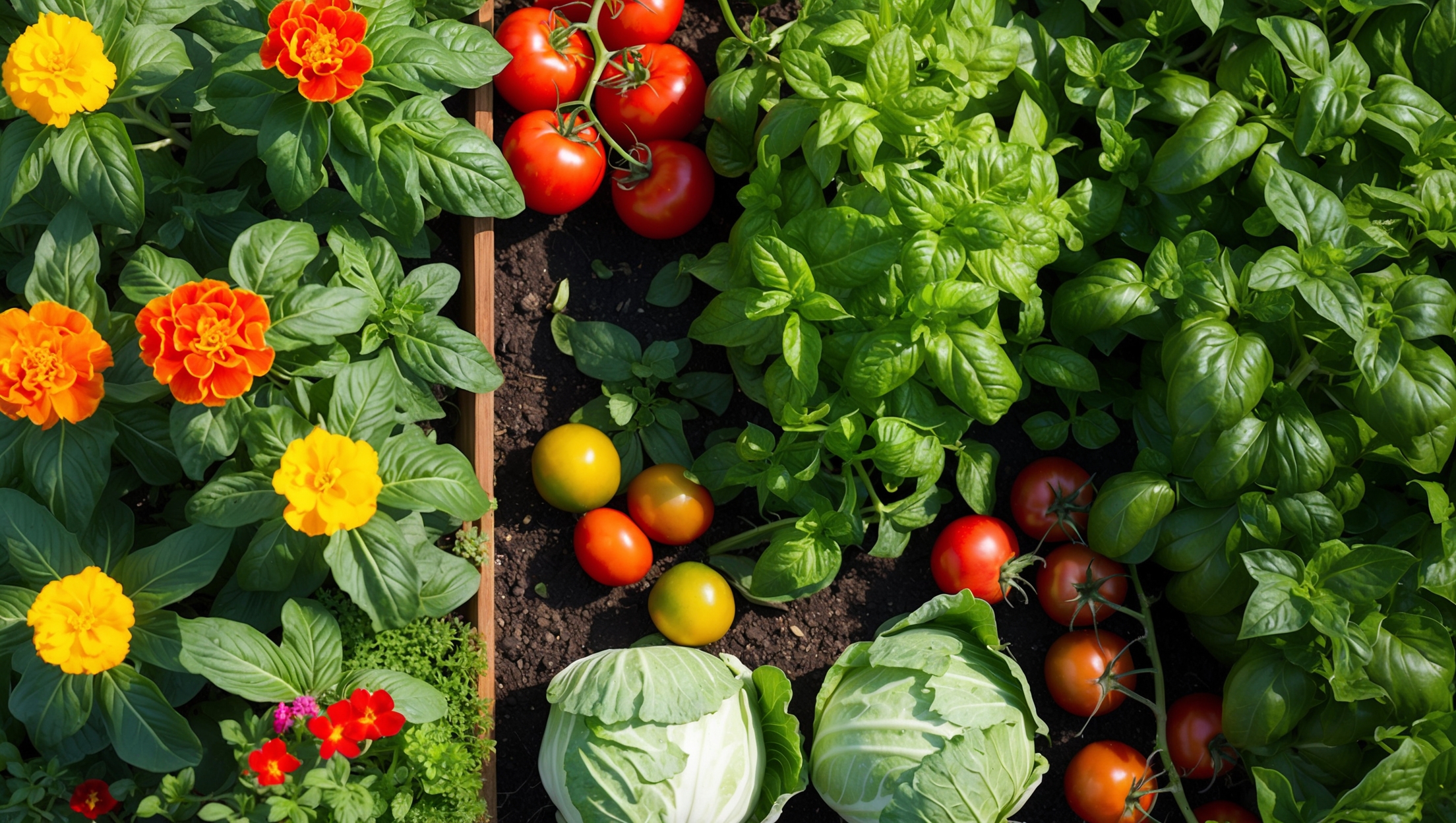 Garden plot with flourishing companion plants, showing colorful diversity