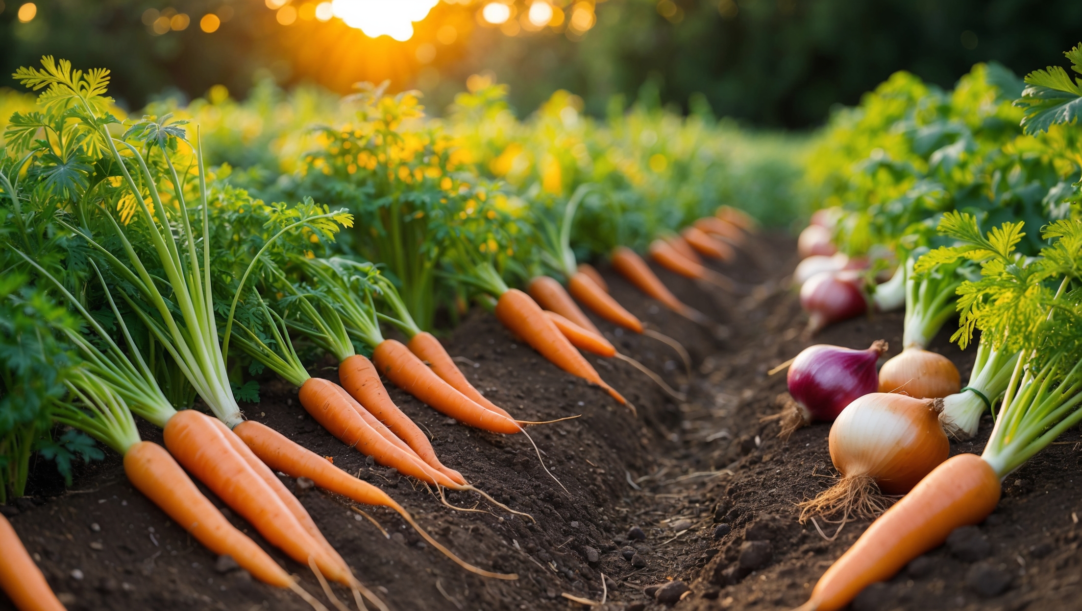 Plants growing together in harmony, including onions and carrots