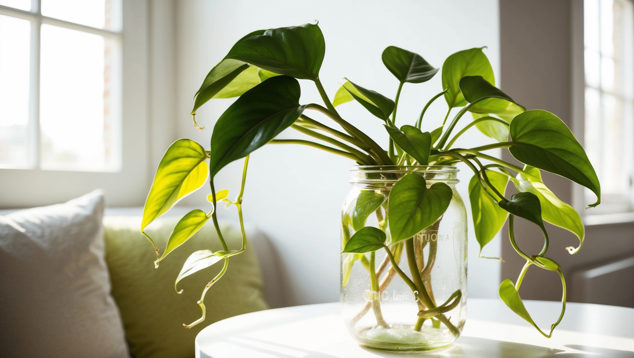 A lush indoor pothos plant displayed in a glass jar