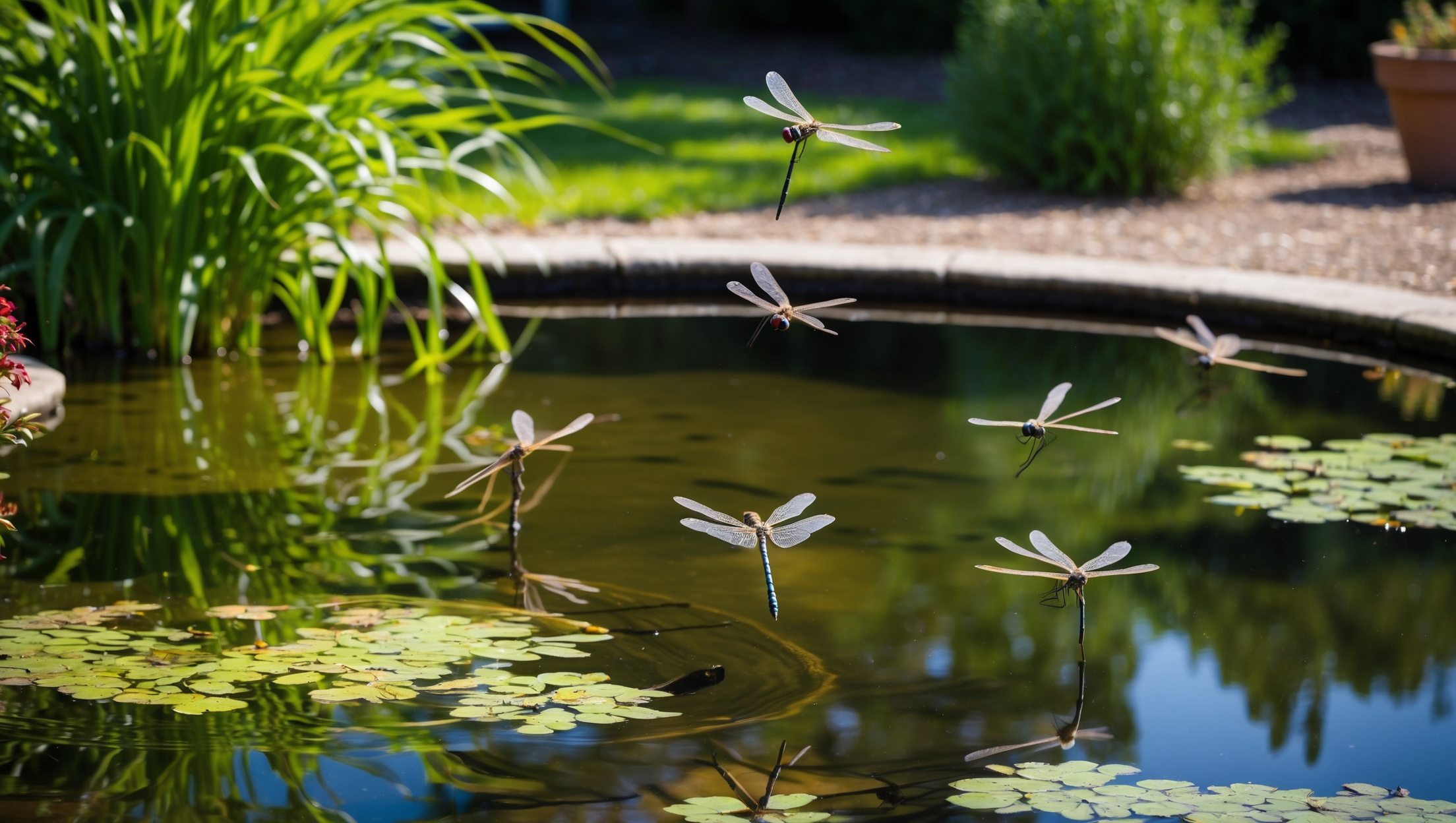A small garden pond with dragonflies hovering