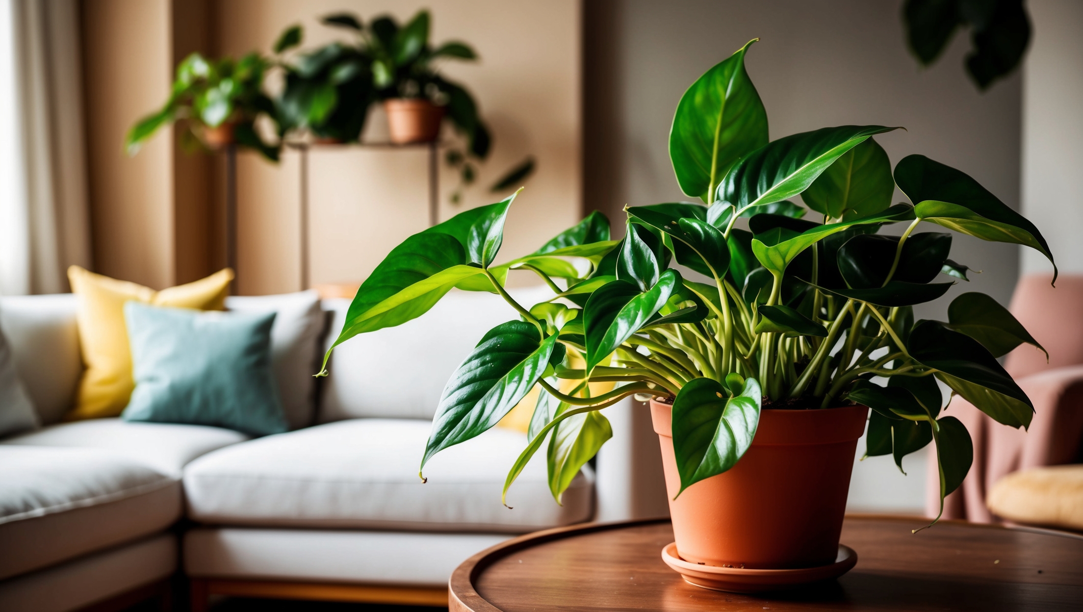 Healthy pothos plant with vibrant green leaves