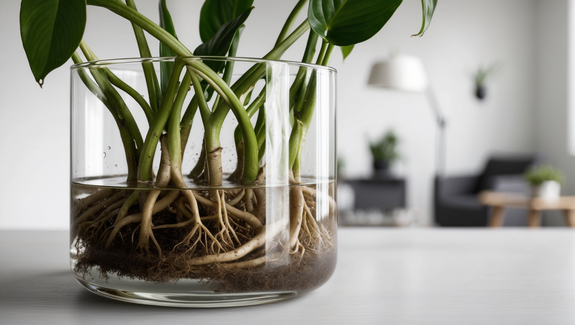 Pothos plant roots in a clear glass container