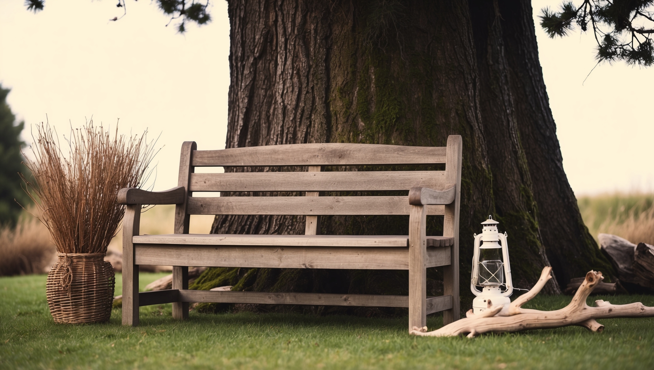 Rustic wooden bench under a tall tree with garden decorations