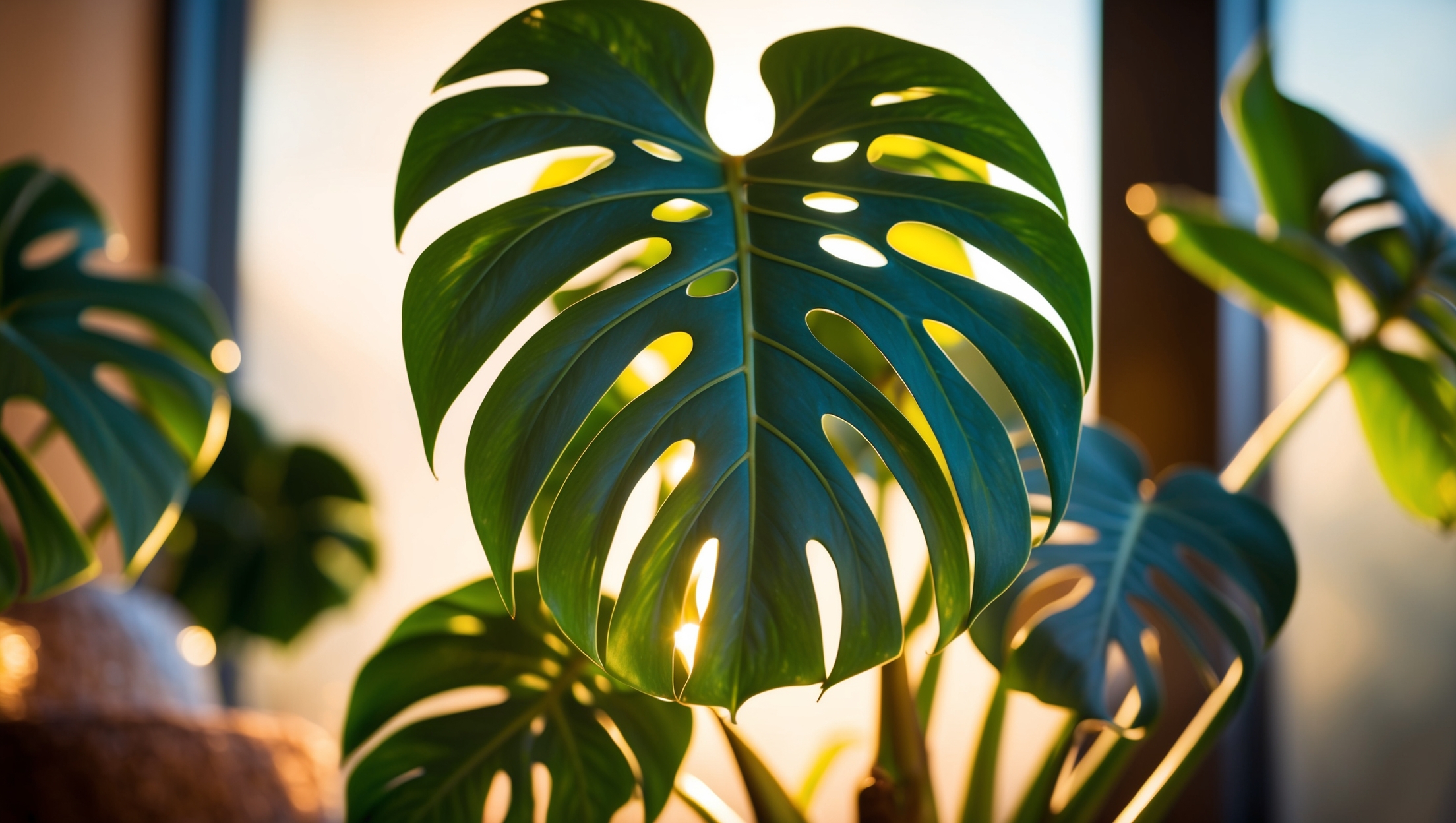 A green Monstera Deliciosa plant with sunlight streaming through its leaves