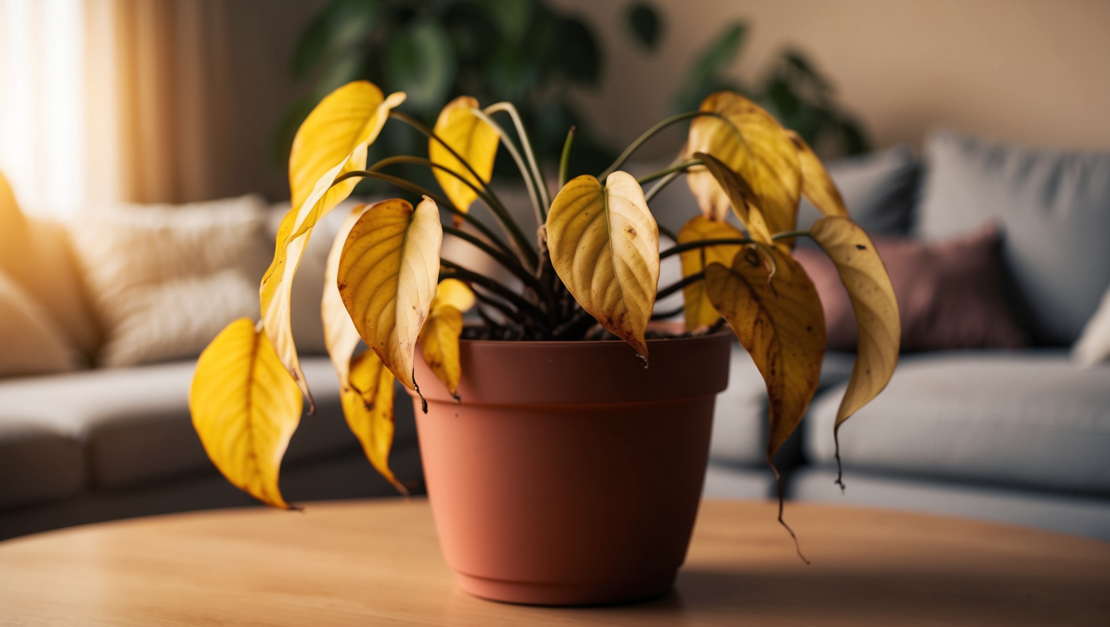 A sad, drooping houseplant with yellowing leaves in a living room setting