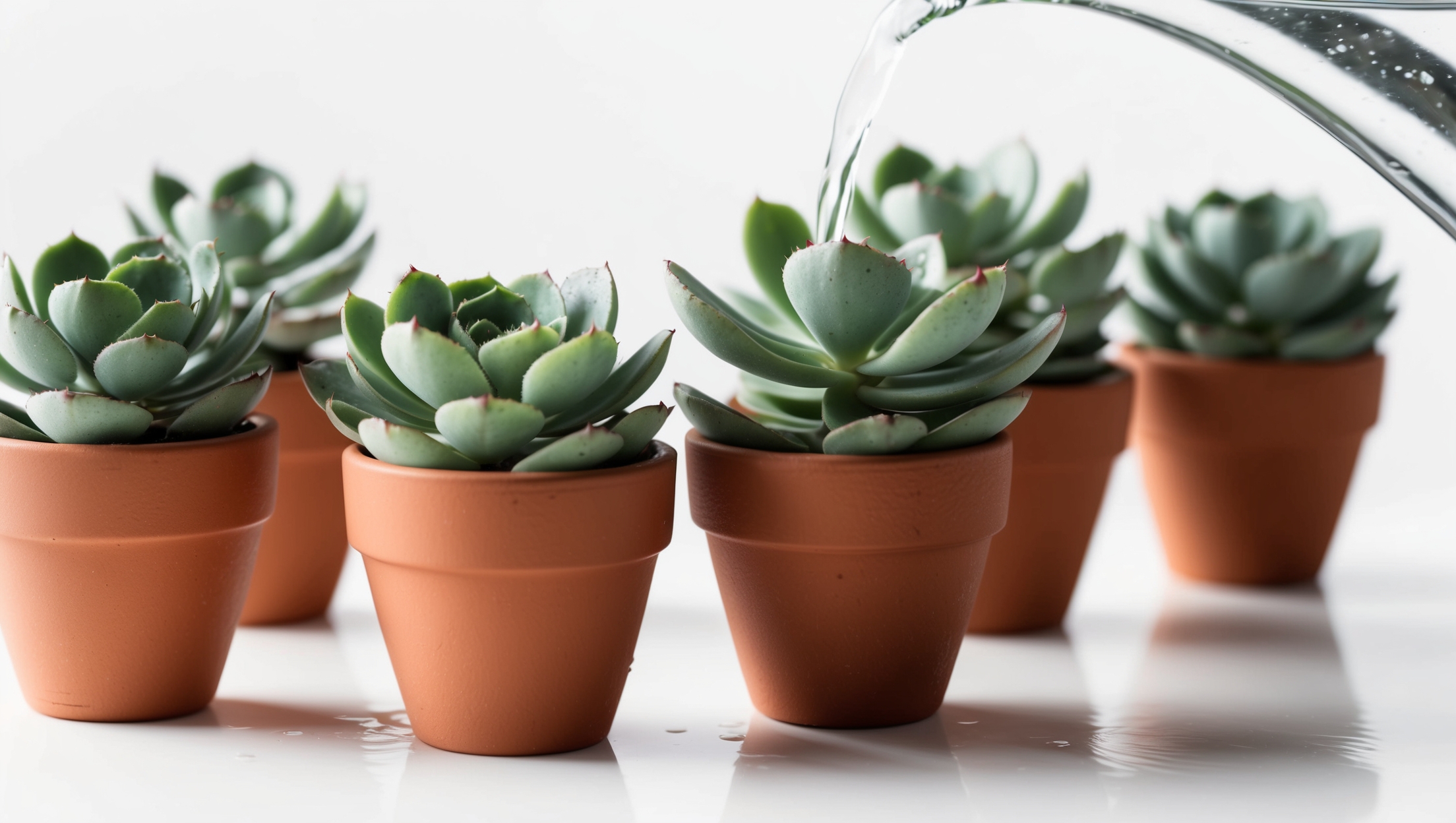 A variety of succulents in small pots being watered gently